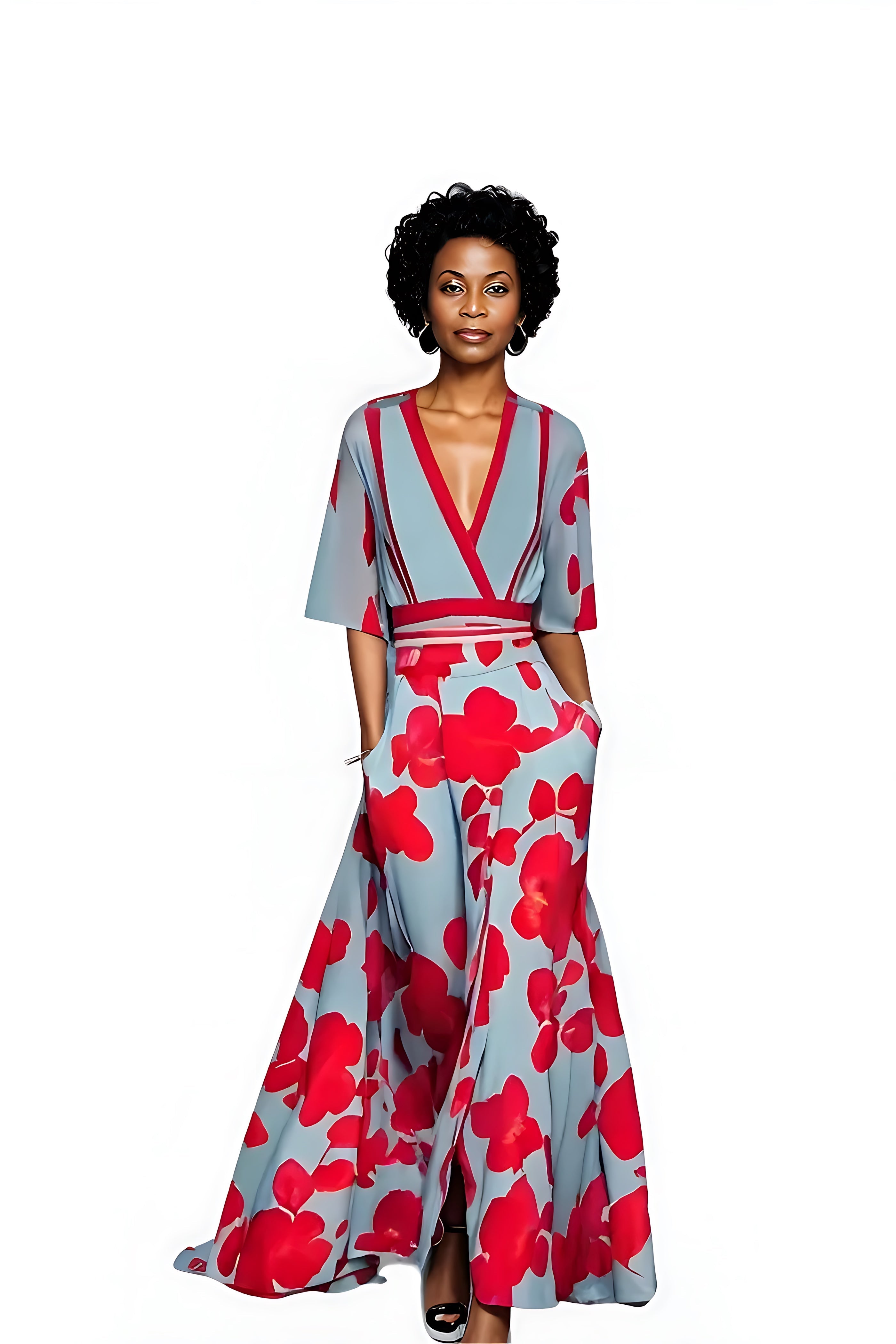 Journee – Floral Print Wrap V Neck Maxi Dress