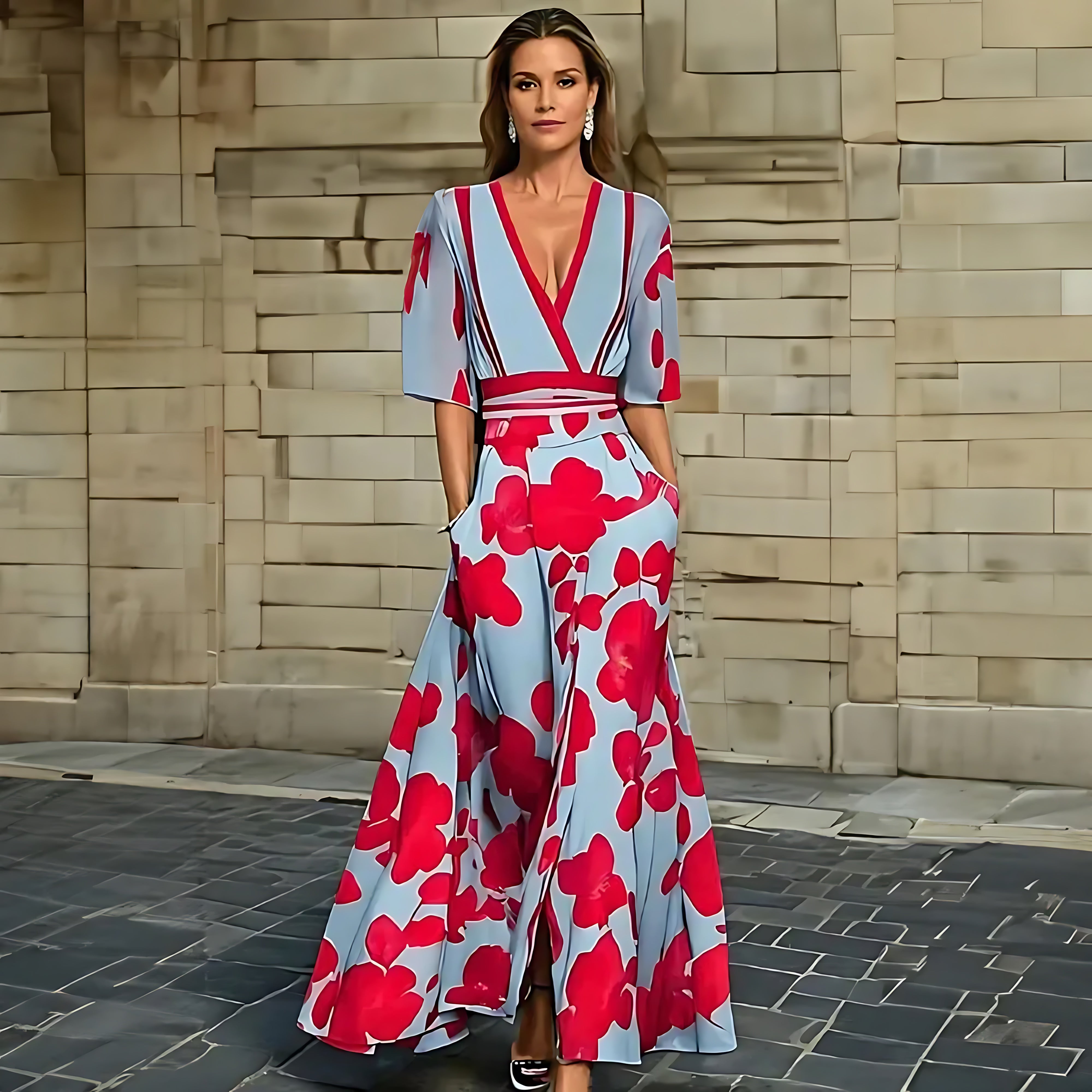 Journee – Floral Print Wrap V Neck Maxi Dress