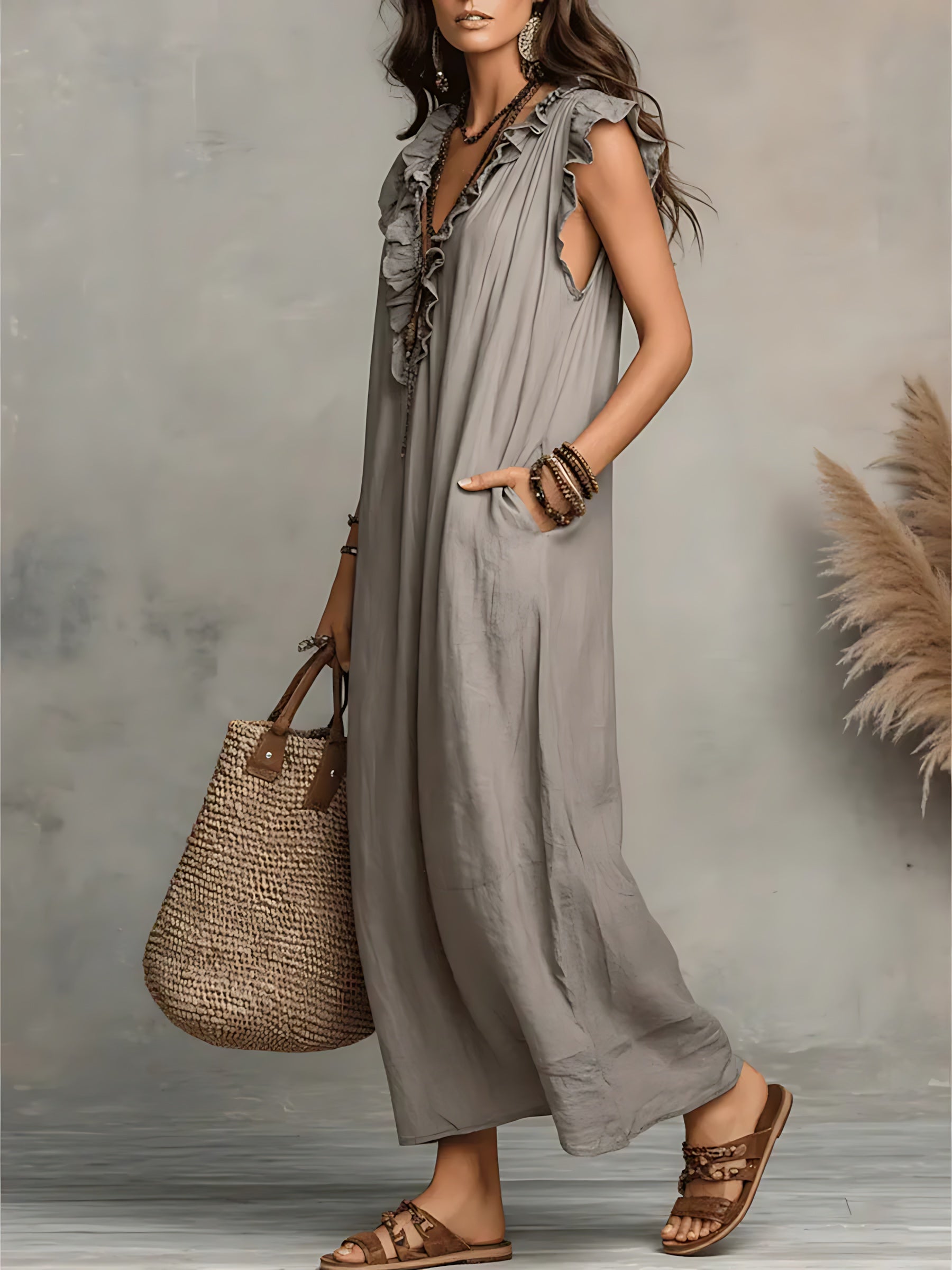 Journee – Ruffle V Neck Flowy Summer Maxi Dress