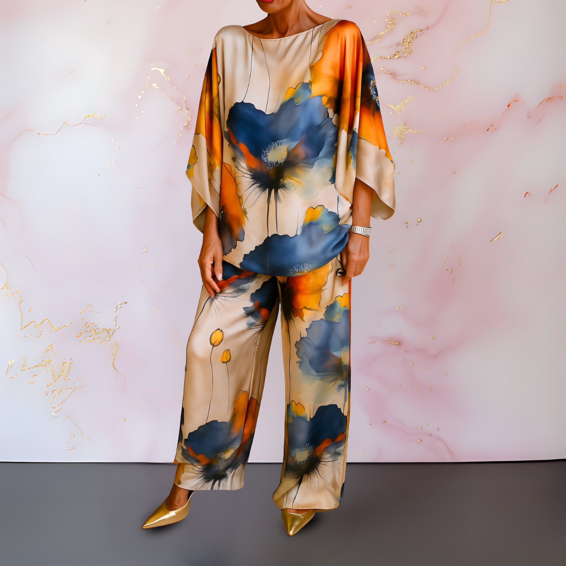 Juliette – Satin Abstract Print Top and Wide Leg Pants Set