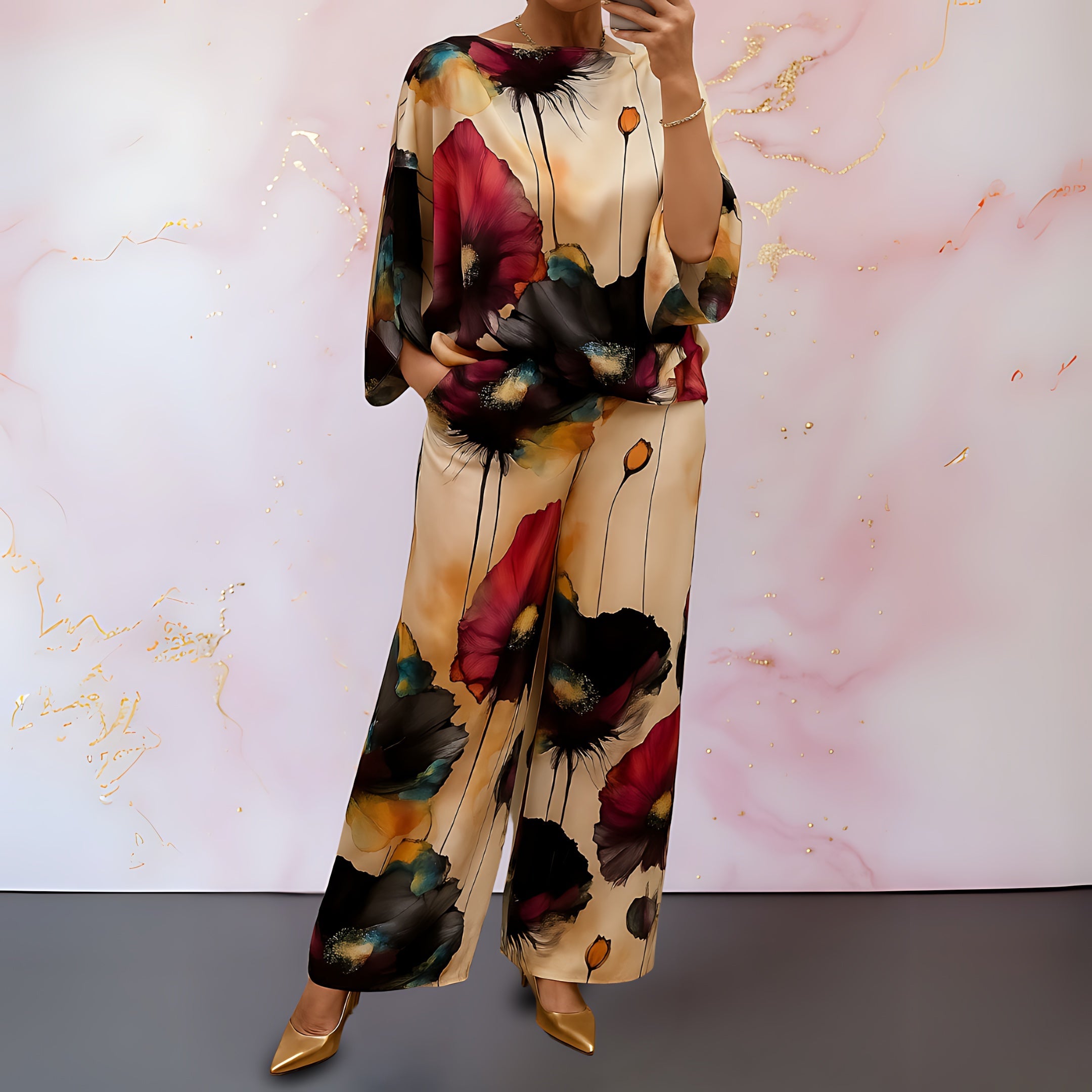 Juliette – Satin Abstract Print Top and Wide Leg Pants Set