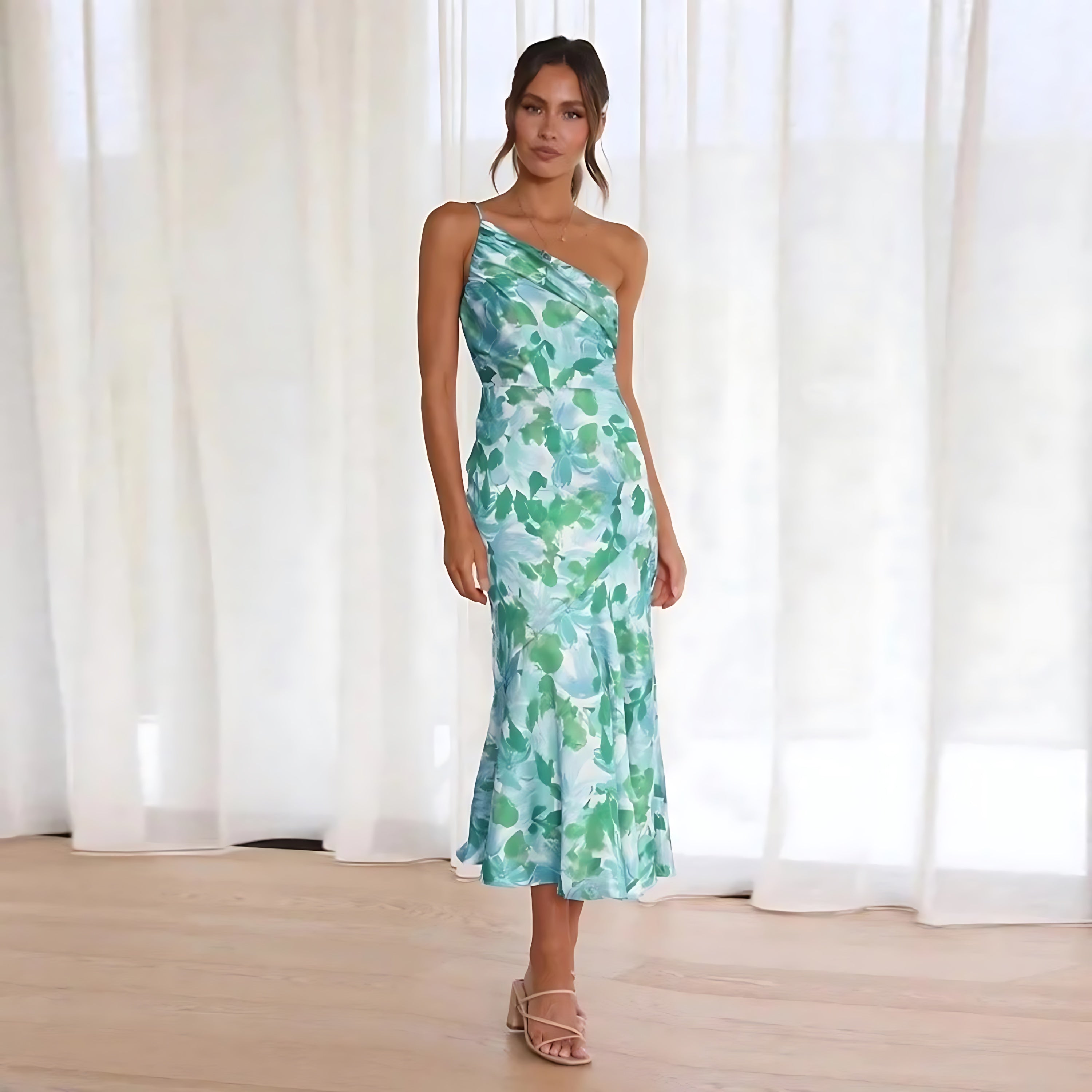 June – Floral Print One Shoulder Ruffle Maxi Dress