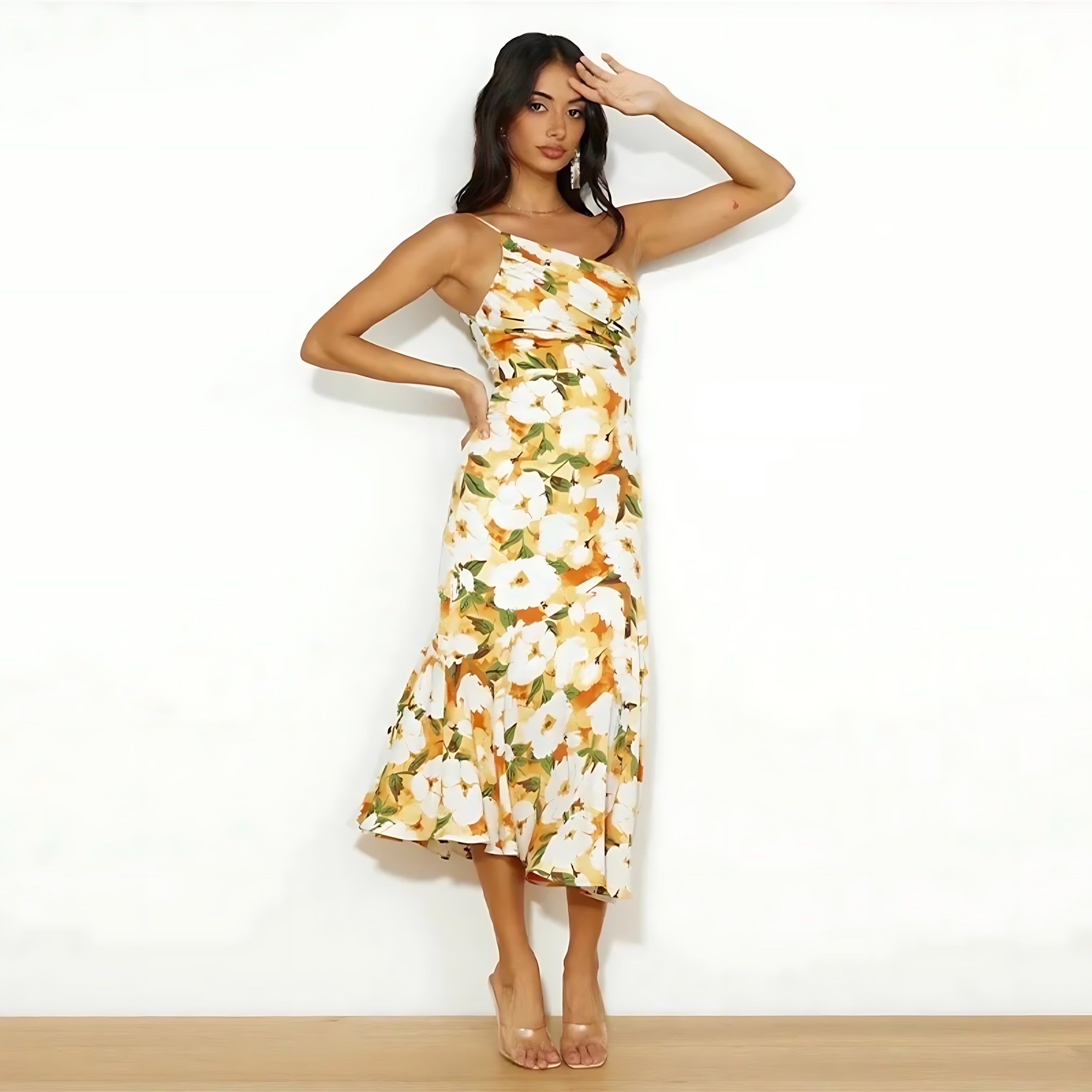 June – Floral Print One Shoulder Ruffle Maxi Dress