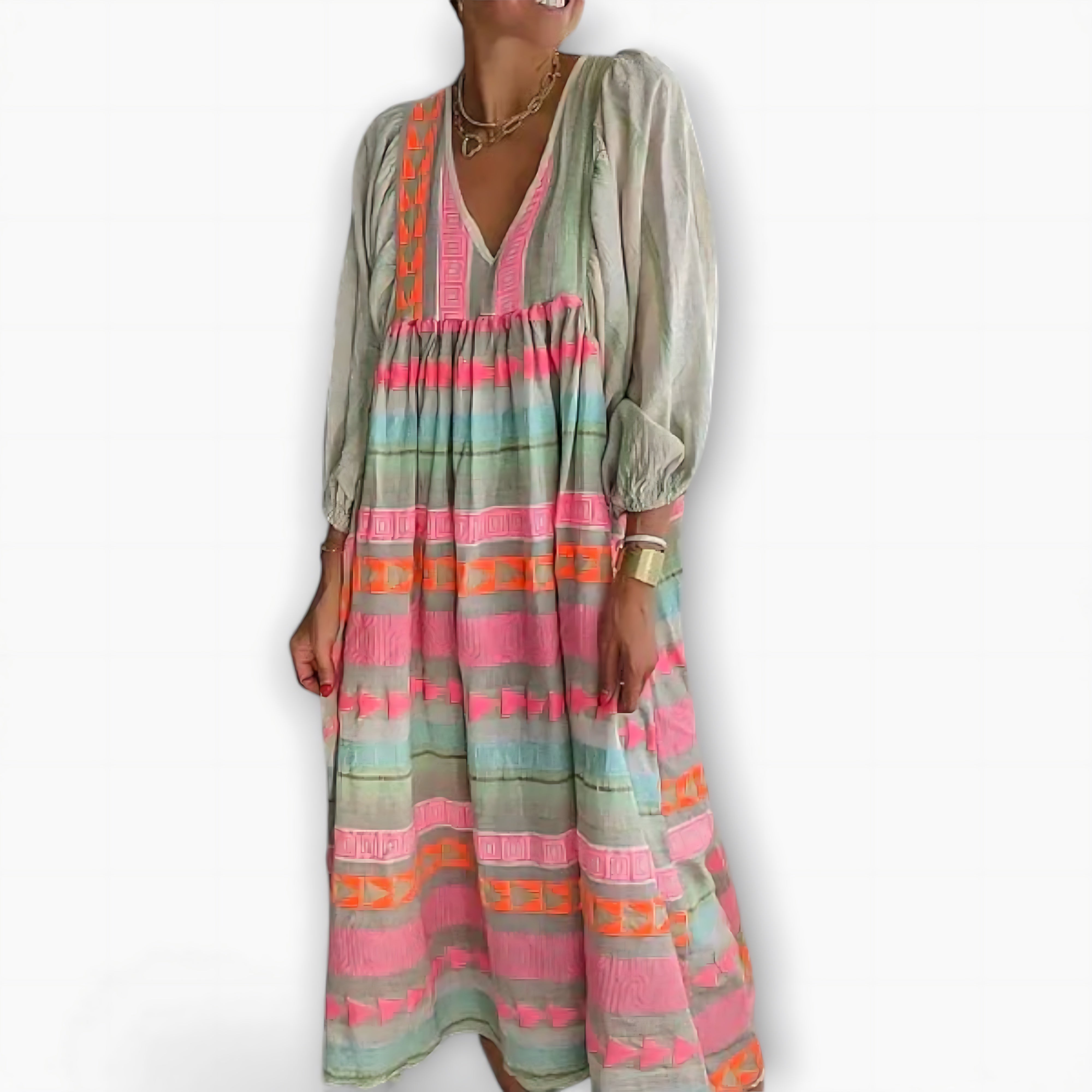 Juniper – Boho Print V Neck Tiered Maxi Dress