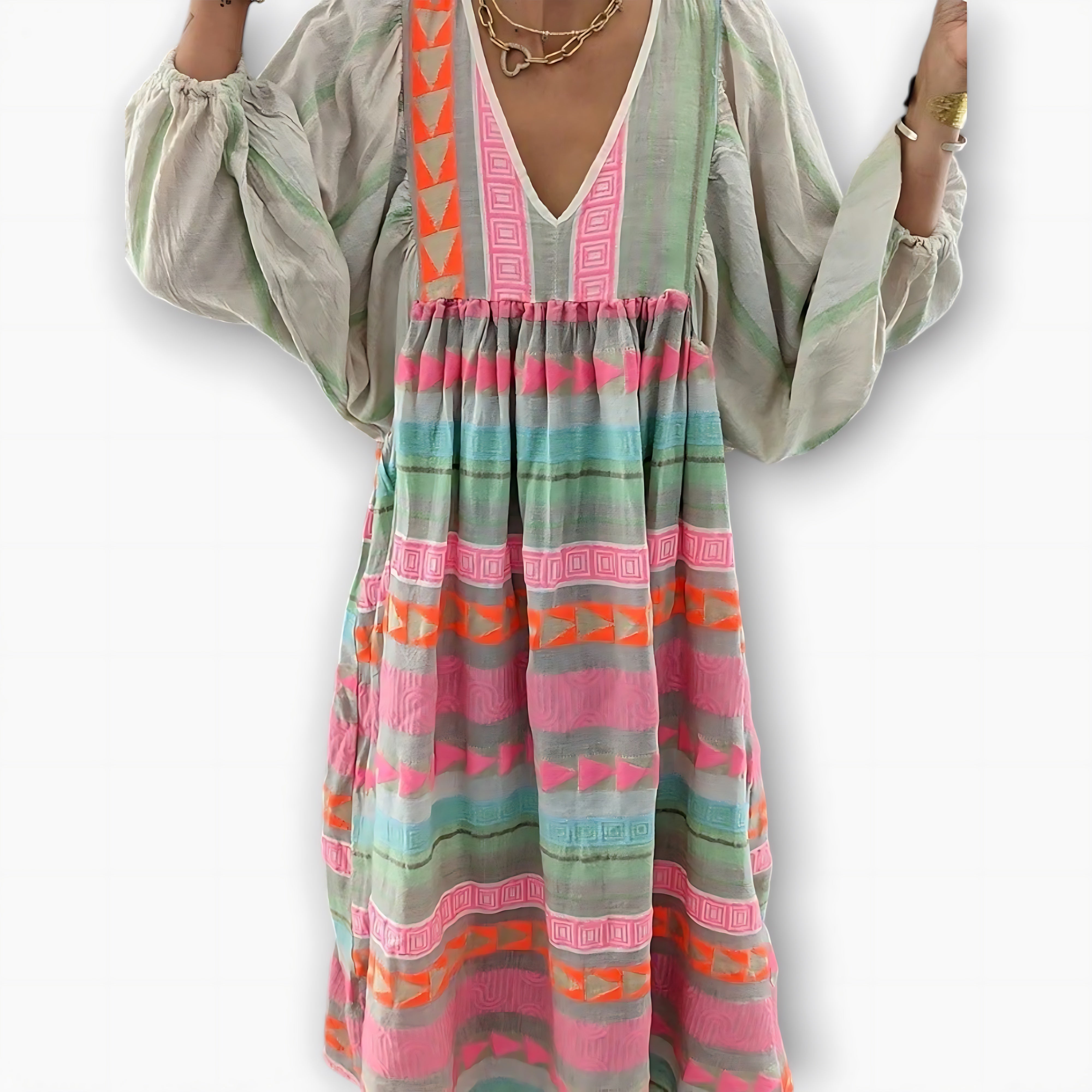 Juniper – Boho Print V Neck Tiered Maxi Dress