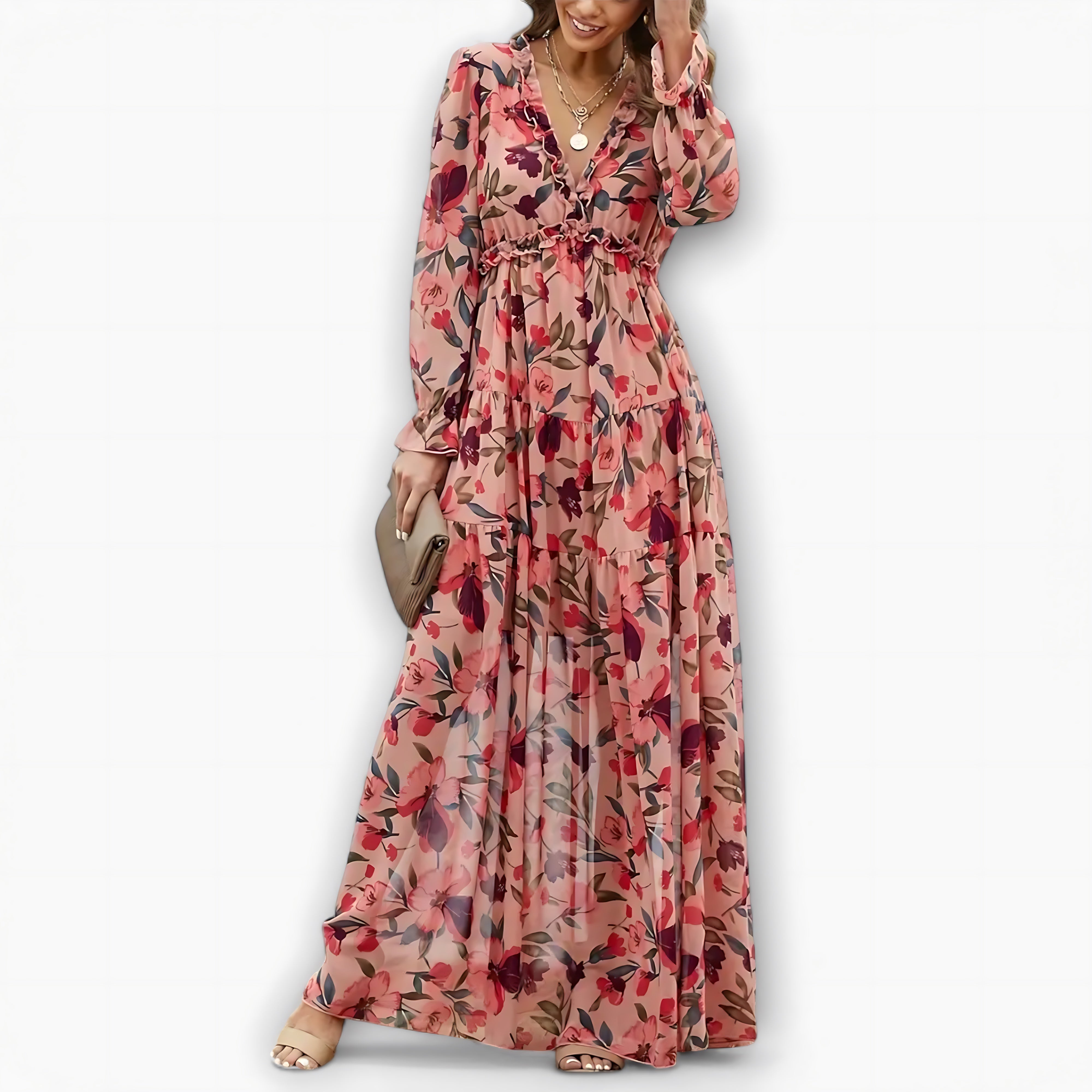 Kennedy – Floral V Neck Long Sleeve Tiered Maxi Dress