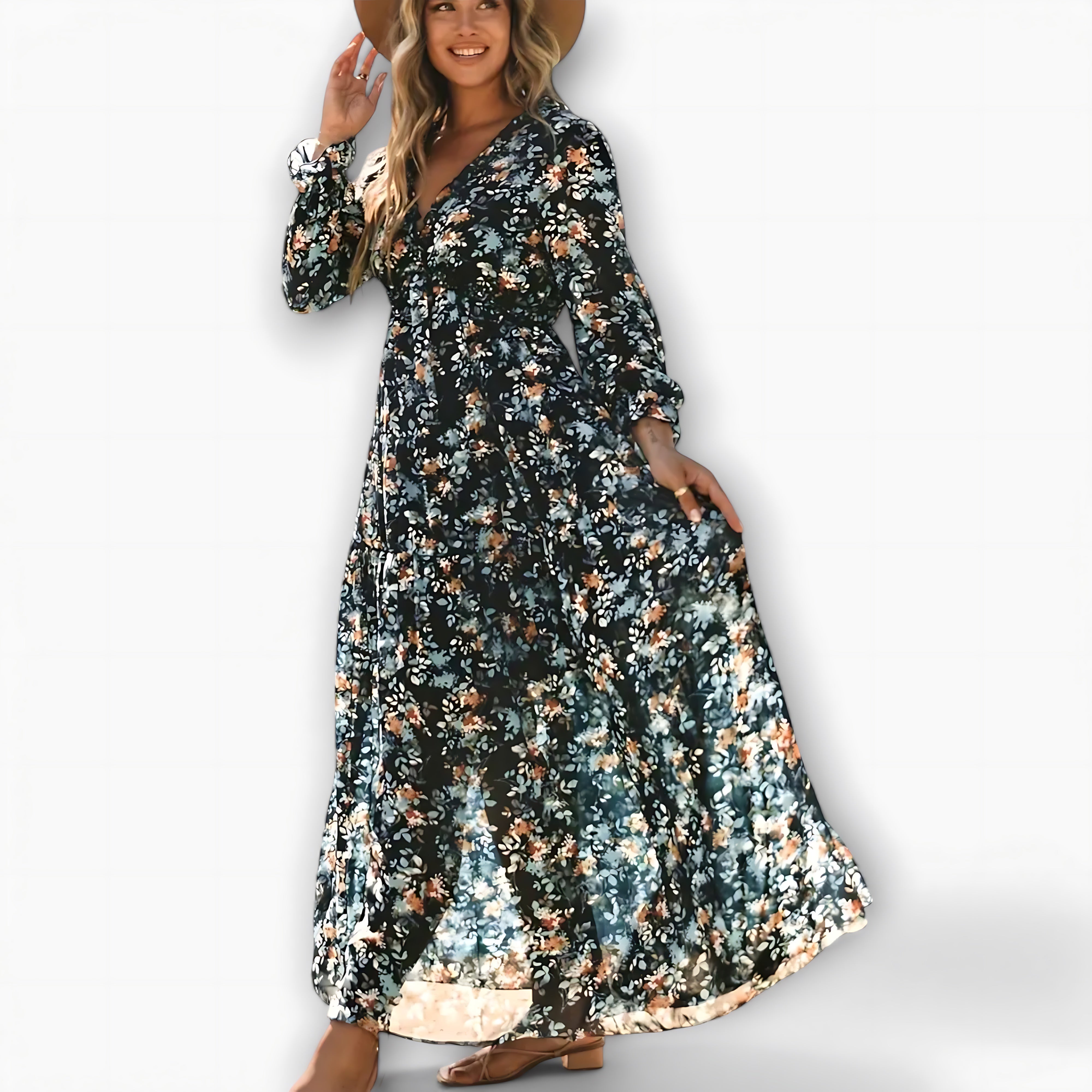 Kennedy – Floral V Neck Long Sleeve Tiered Maxi Dress