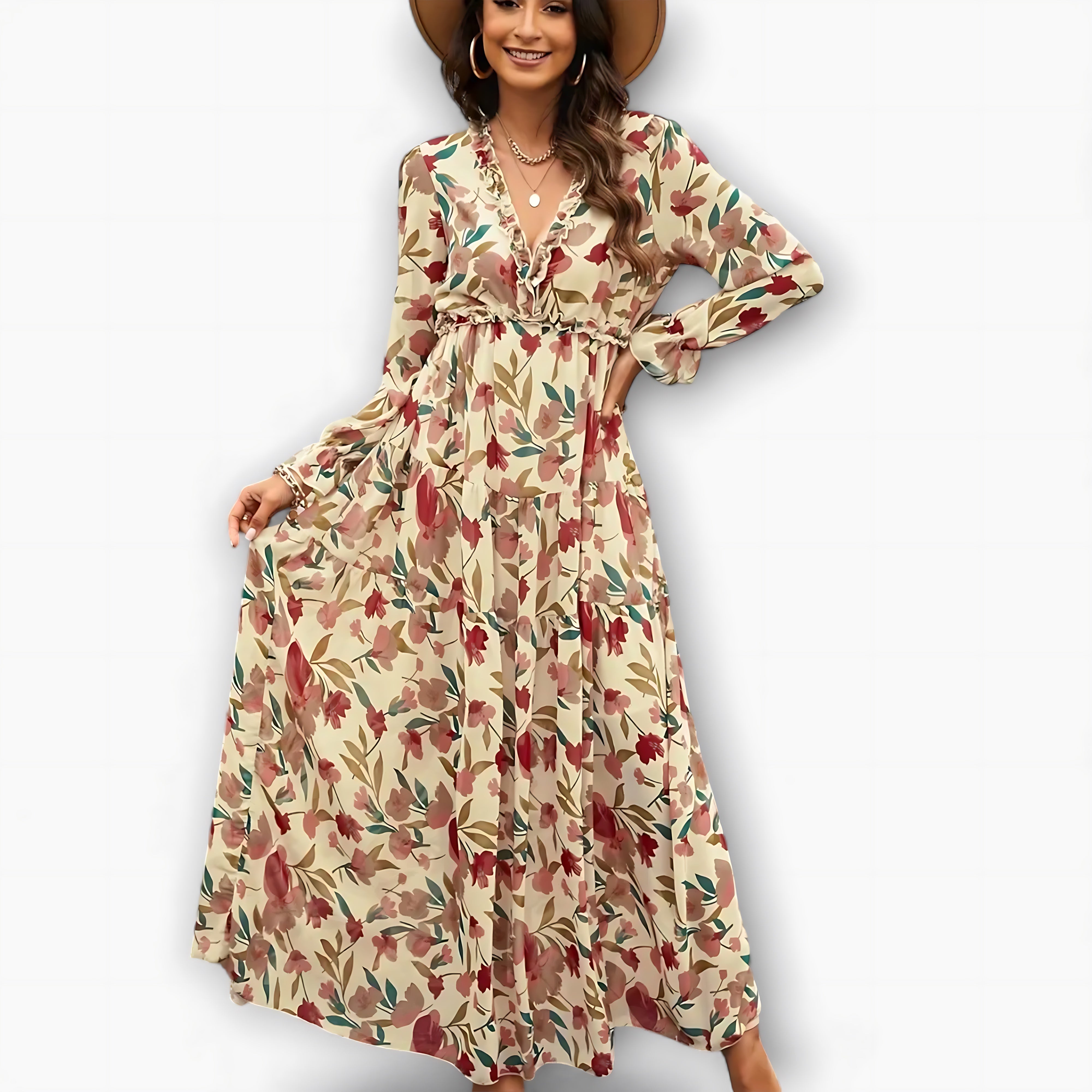 Kennedy – Floral V Neck Long Sleeve Tiered Maxi Dress