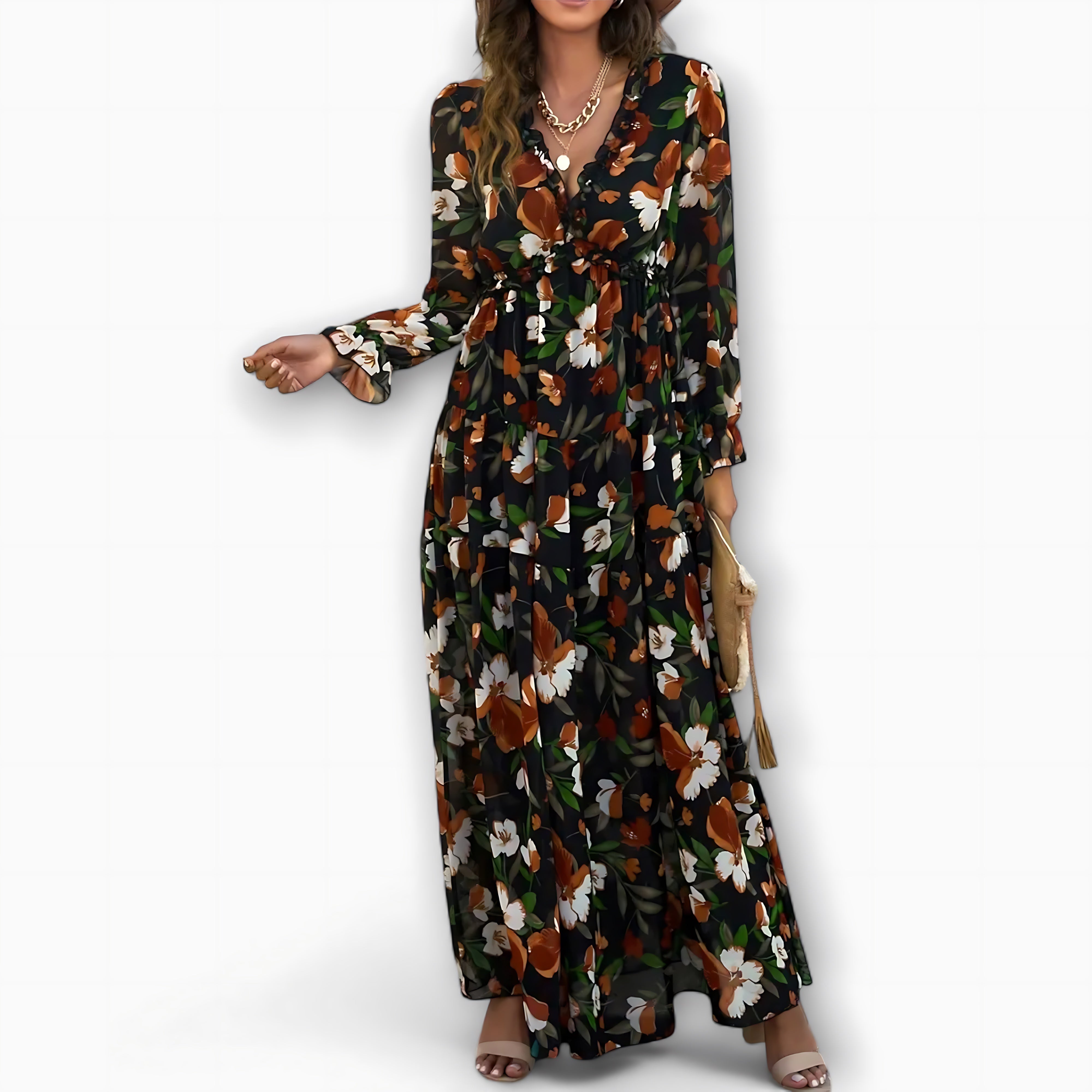 Kennedy – Floral V Neck Long Sleeve Tiered Maxi Dress