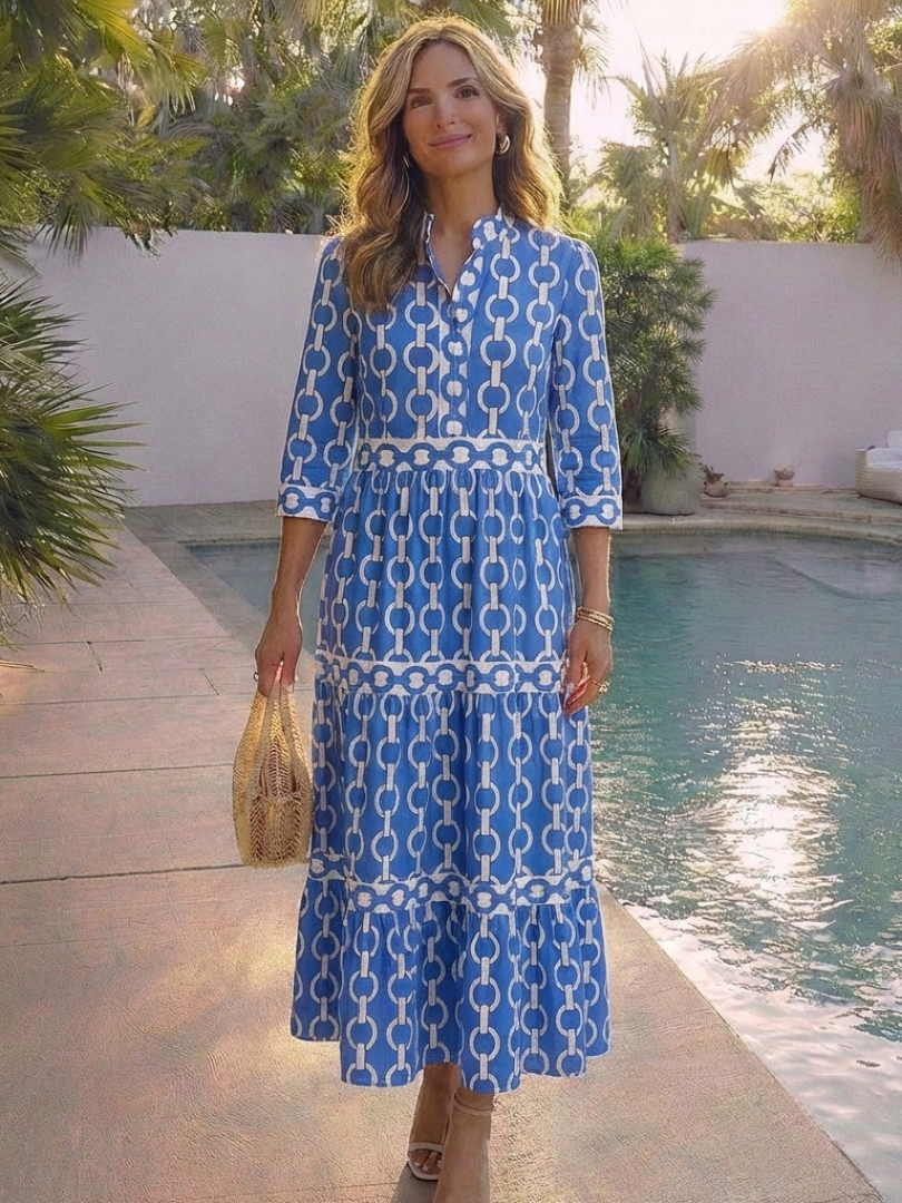 Josie – Geometric Print Tiered Maxi Shirt Dress