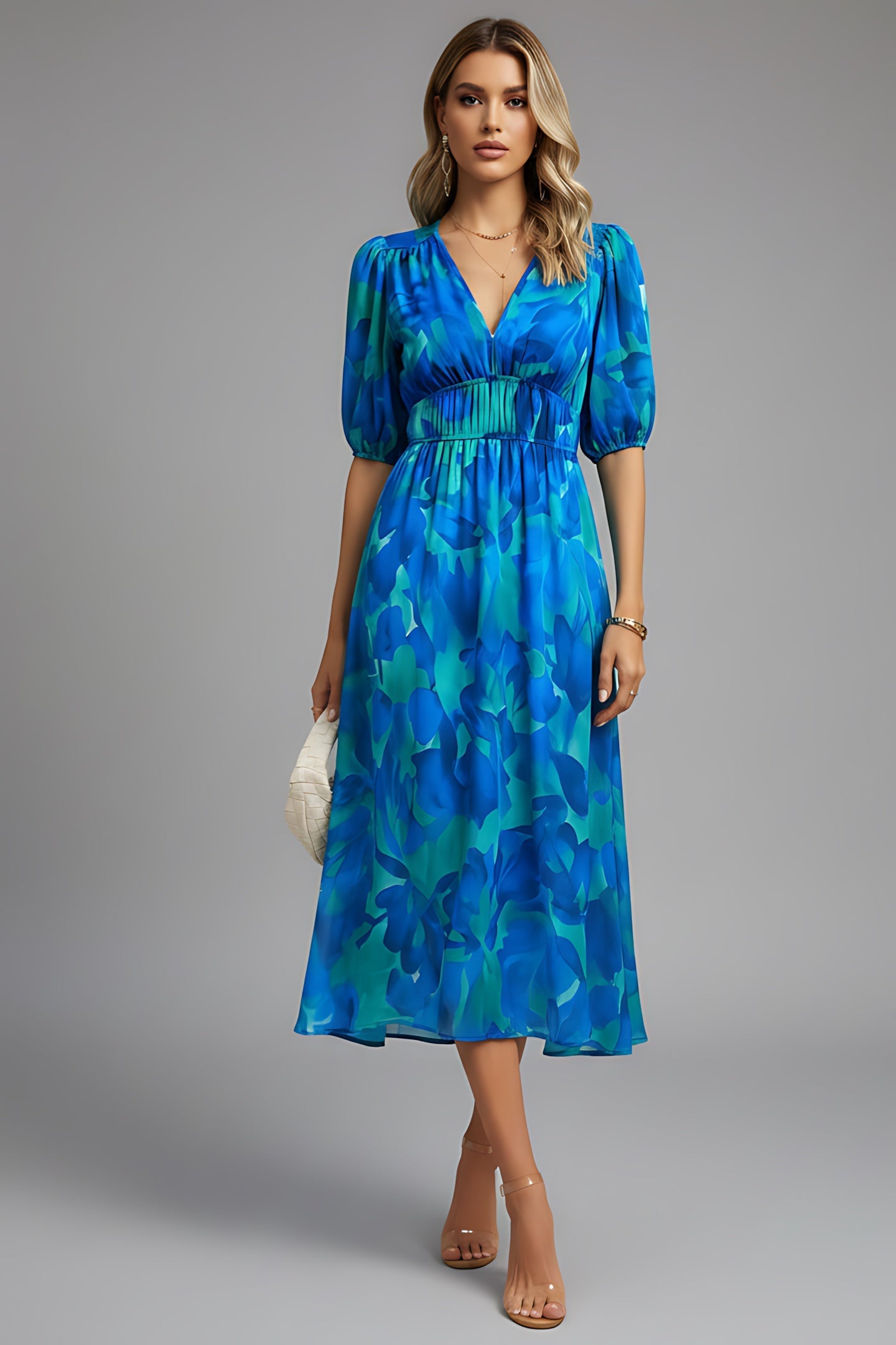 Kinsley – Floral V Neck Puff Sleeve Maxi Dress