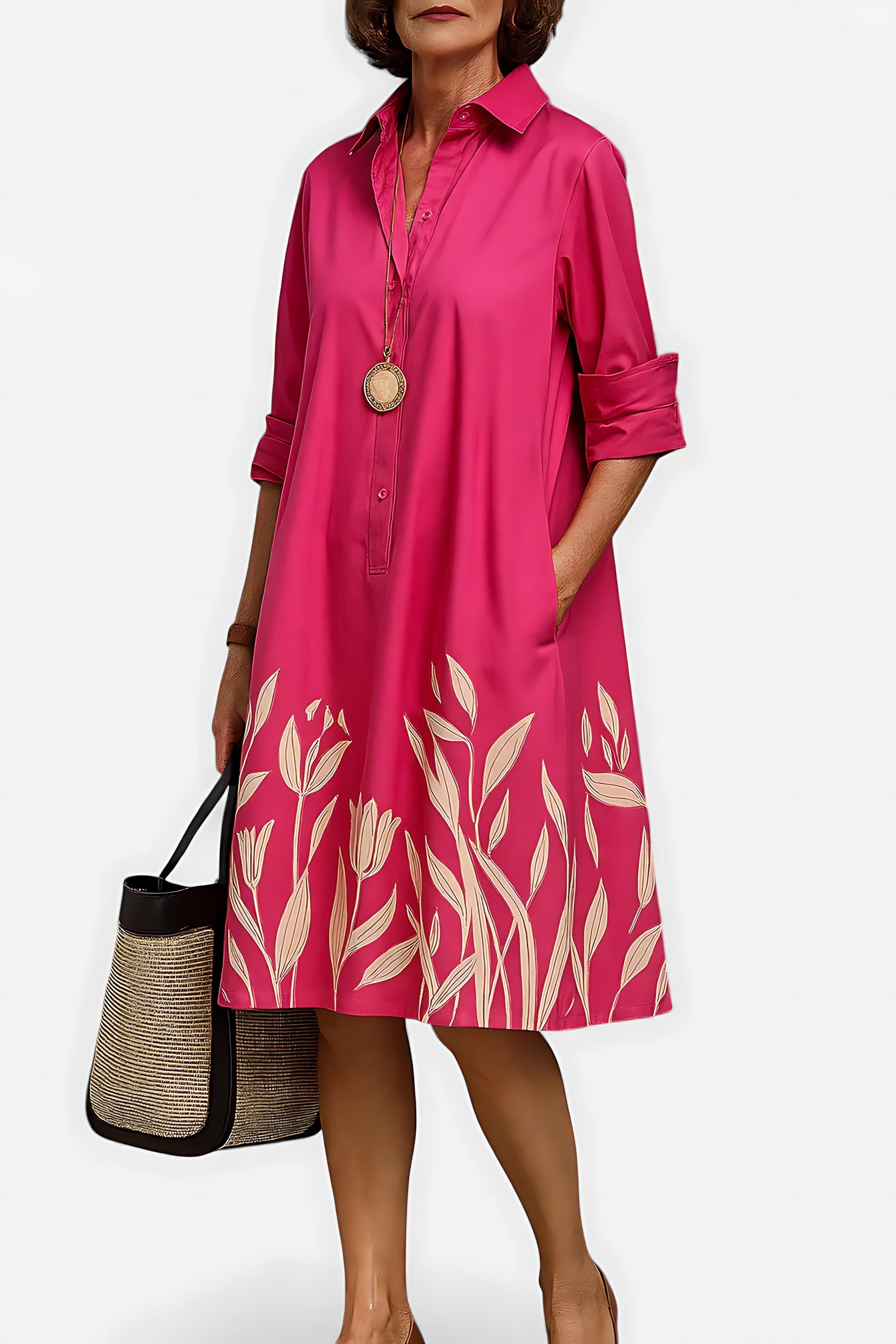 Lainey – Collared 3/4 Sleeve Midi Shirt Dress