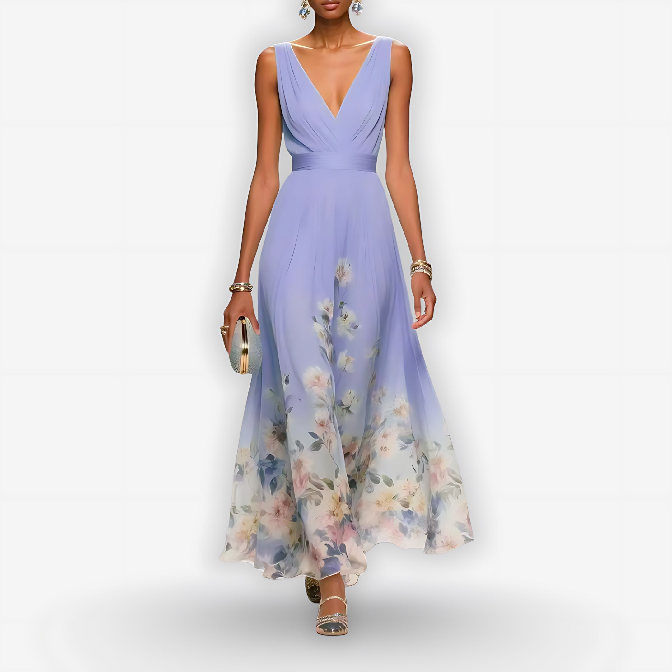 Lainey – Floral Print V Neck A-Line Maxi Dress