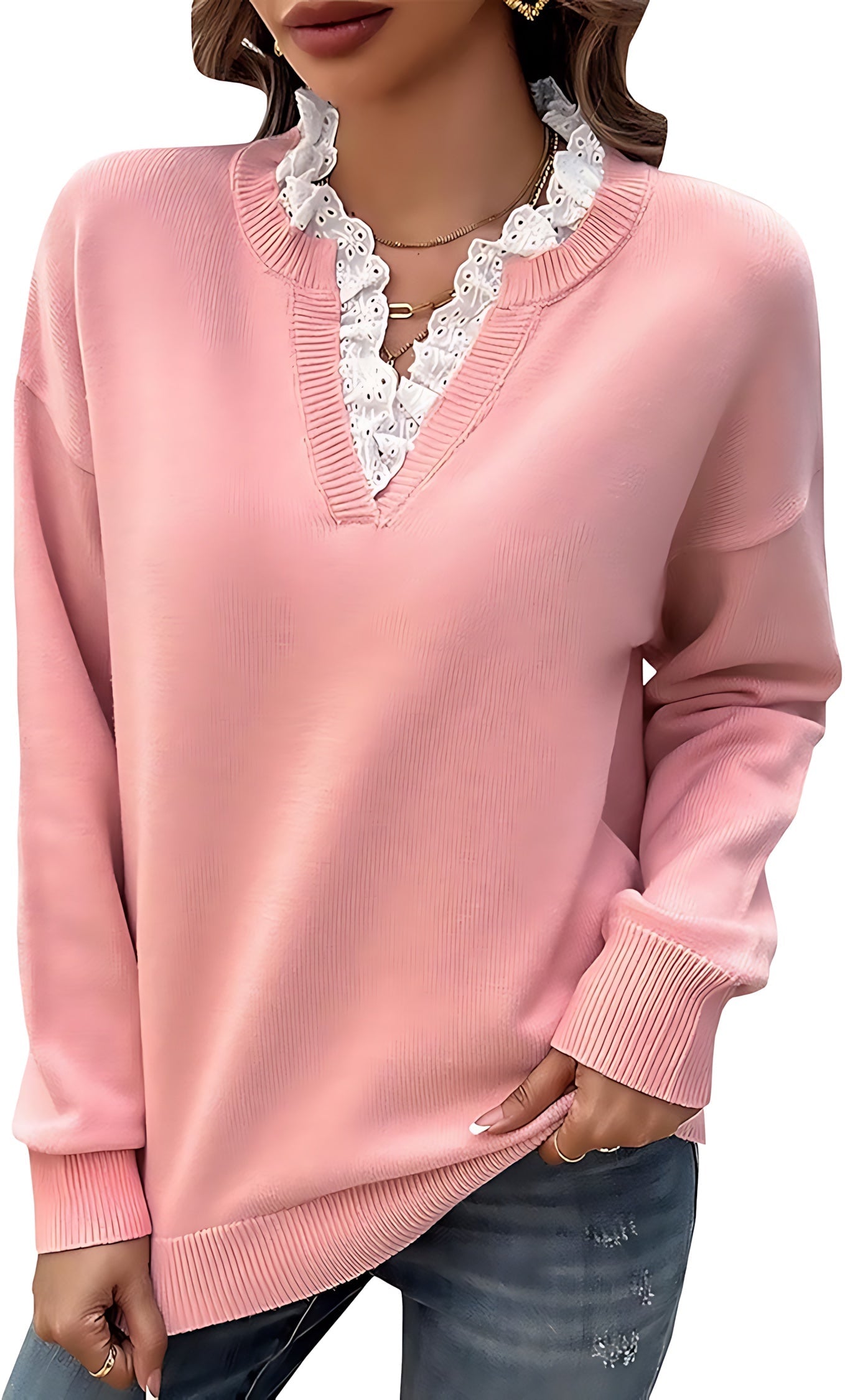 Lainey – Lace Trim Split Neck Knit Sweater