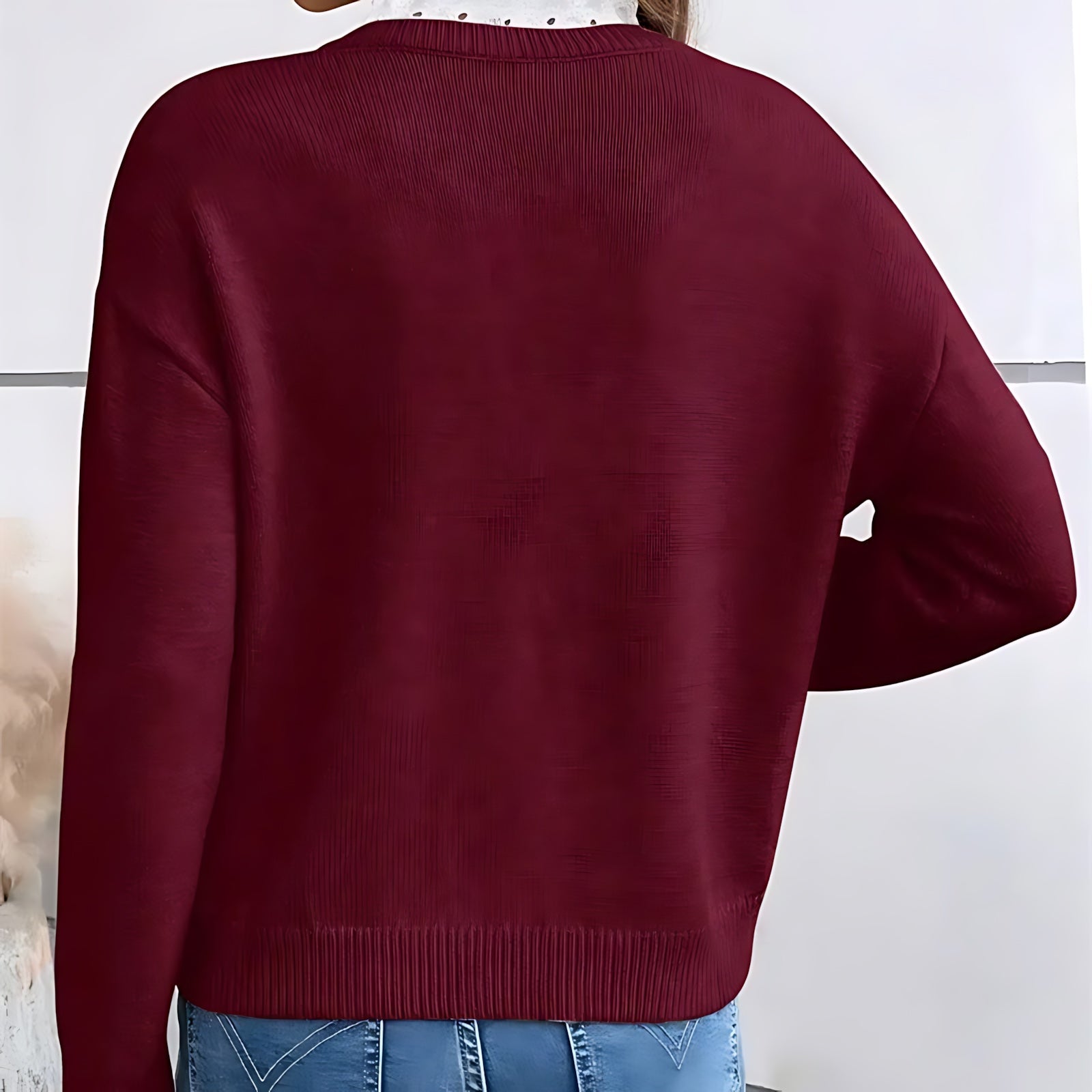 Lainey – Lace Trim Split Neck Knit Sweater
