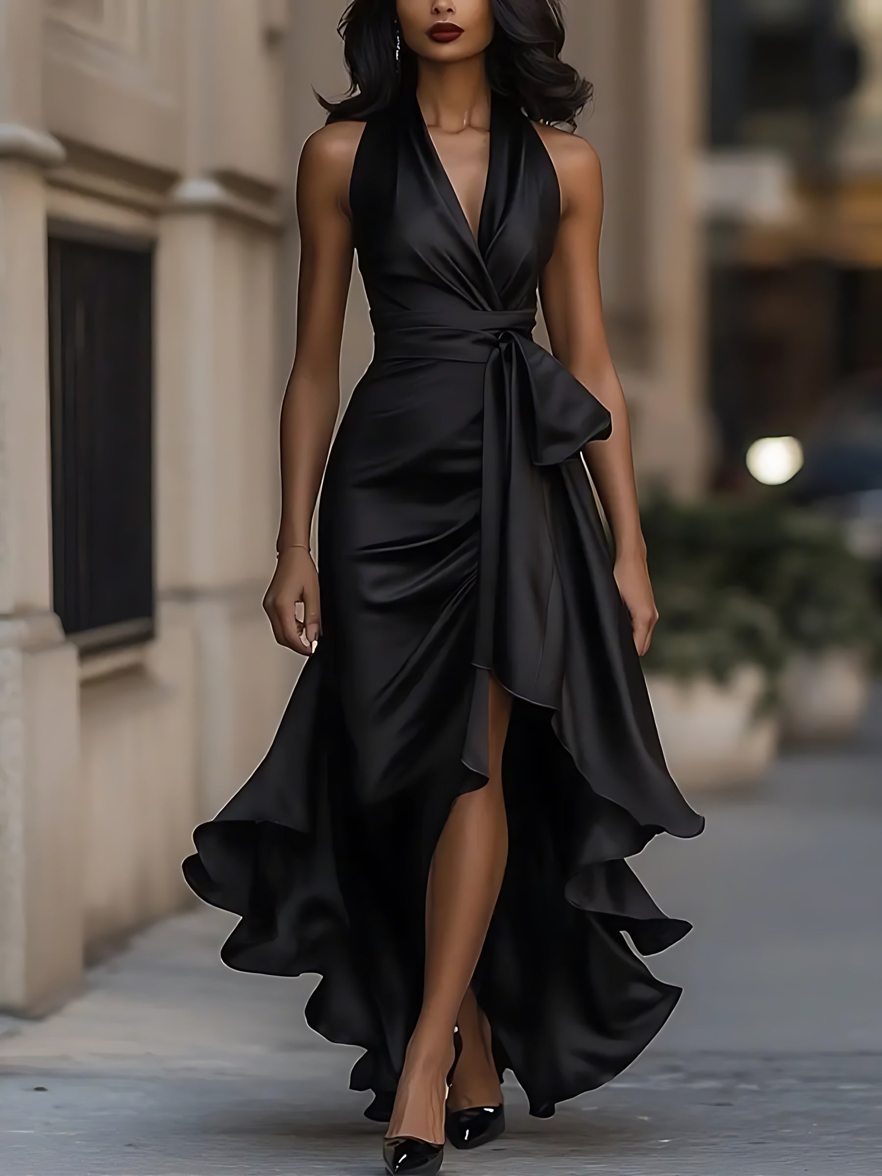 Lainey – Satin Halter Neck Wrap Wedding Guest Maxi Dress
