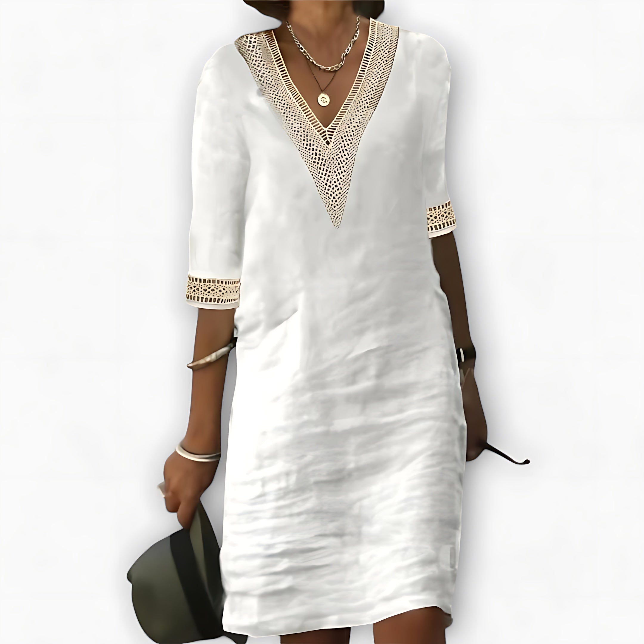 Layla – Crochet V Neck 3/4 Sleeve Tunic Dress