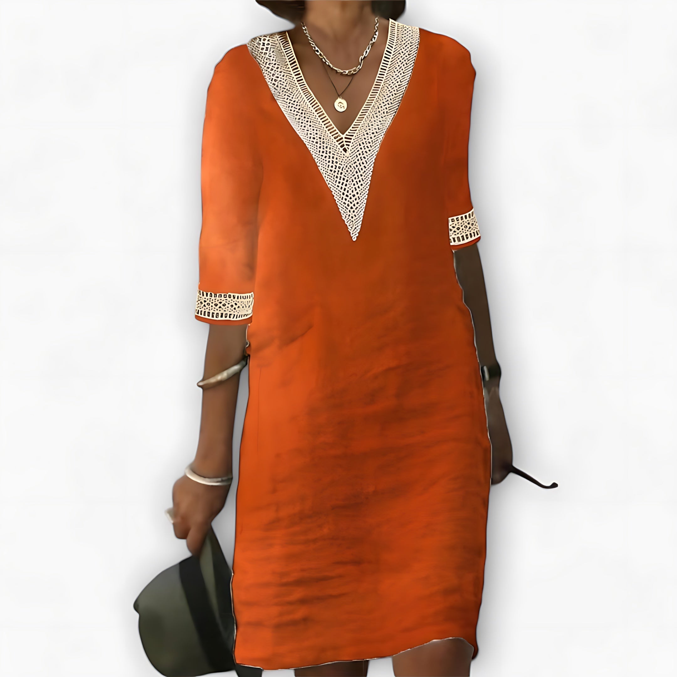 Layla – Crochet V Neck 3/4 Sleeve Tunic Dress