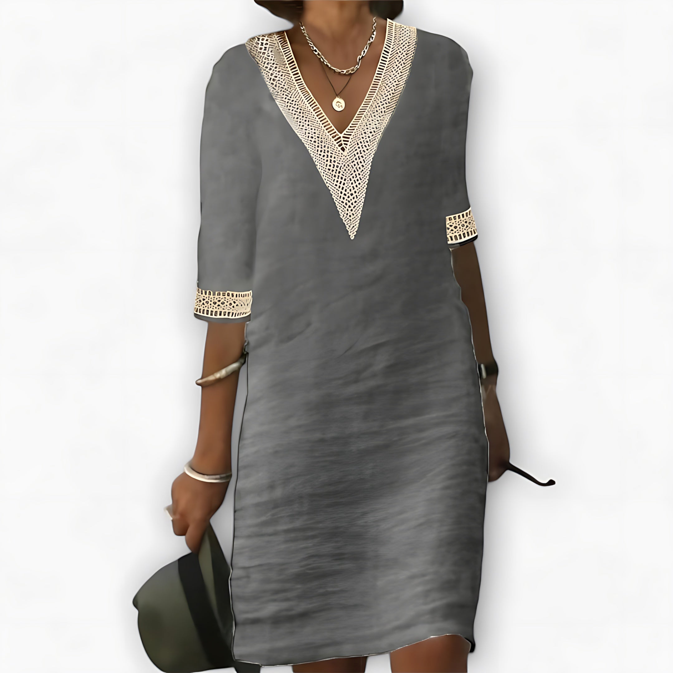 Layla – Crochet V Neck 3/4 Sleeve Tunic Dress