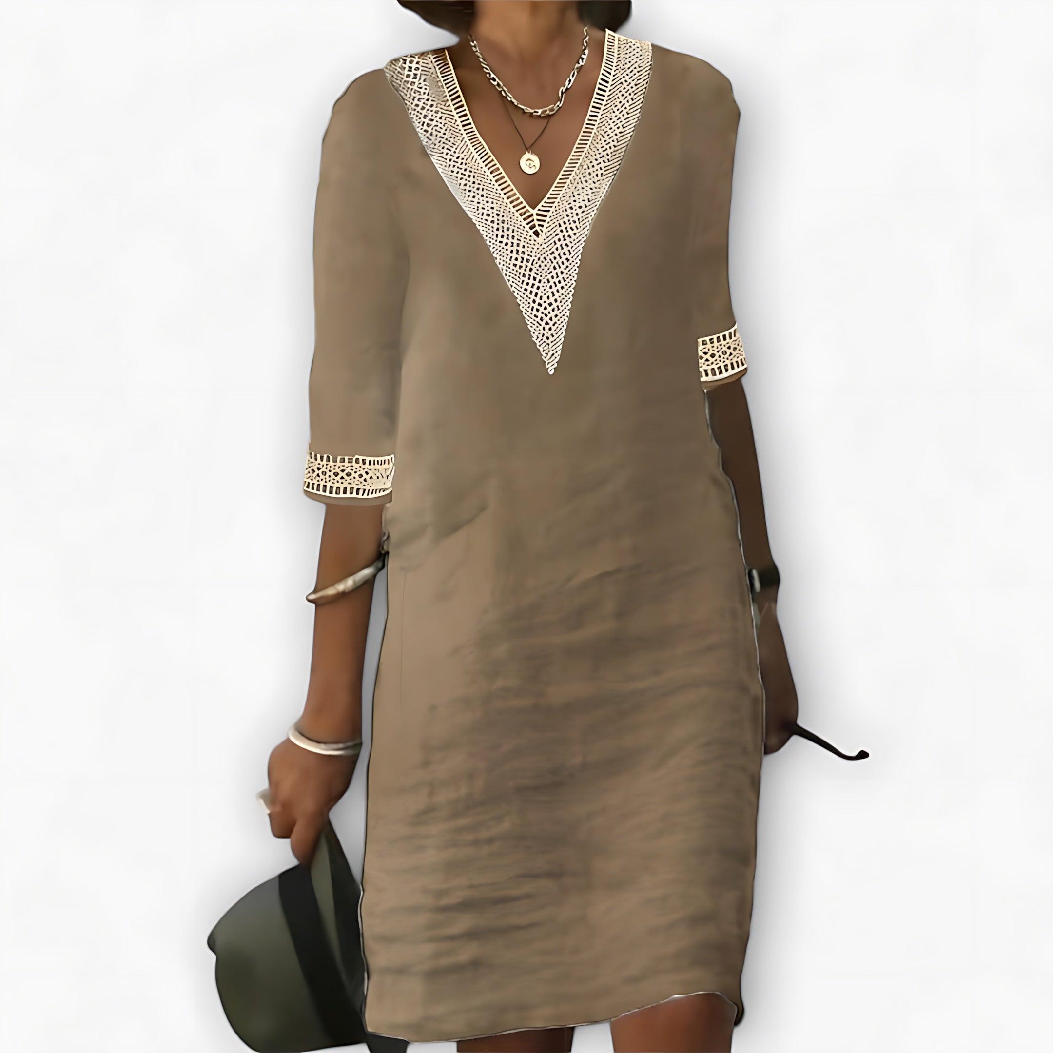Layla – Crochet V Neck 3/4 Sleeve Tunic Dress