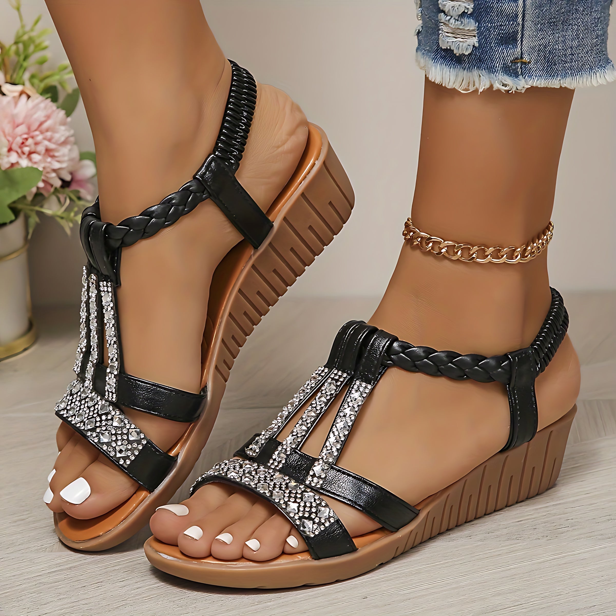 Layla – Rhinestone Woven Ankle Strap Sandals