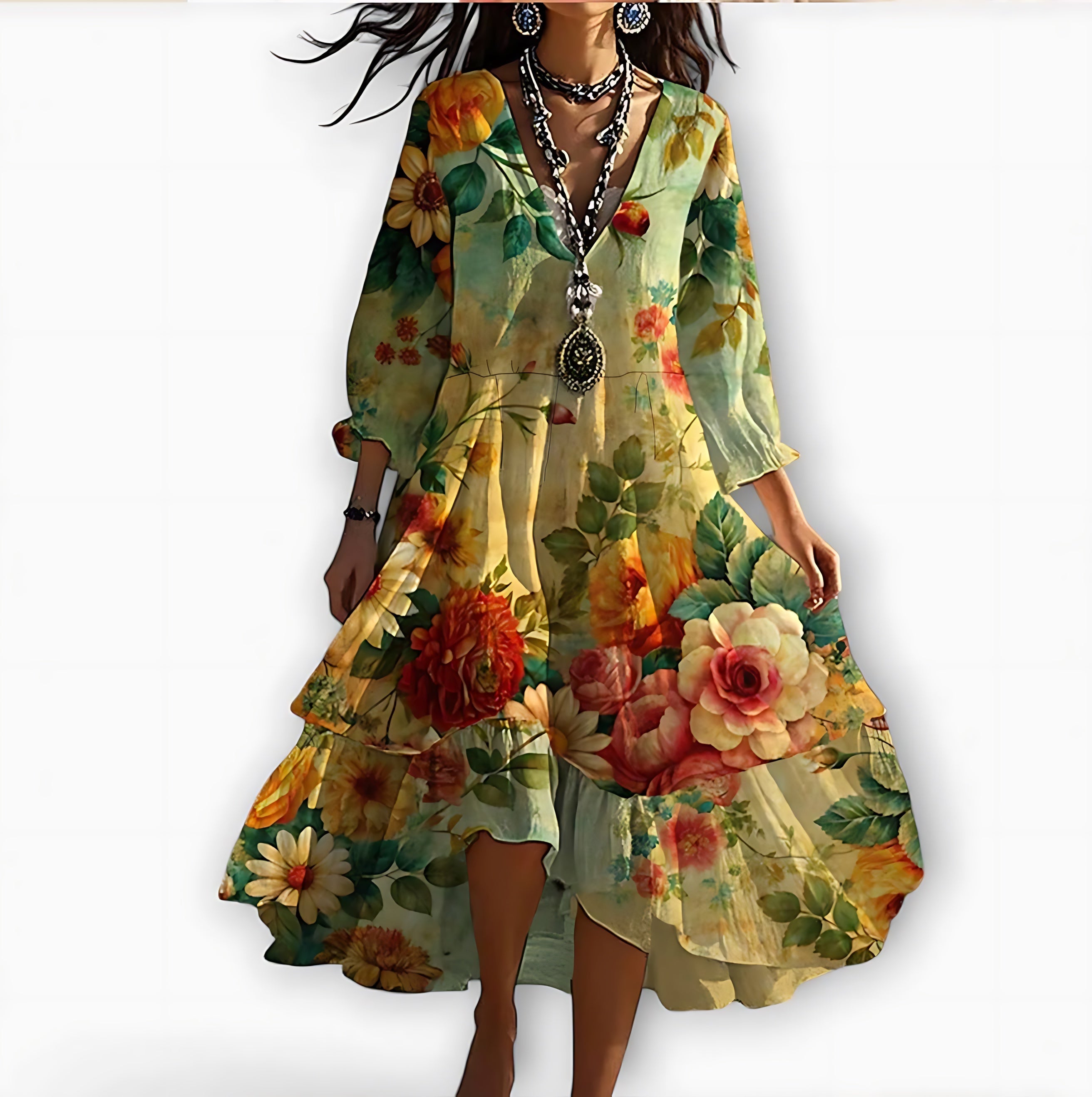 Lena – Floral Print V Neck Tiered Maxi Dress