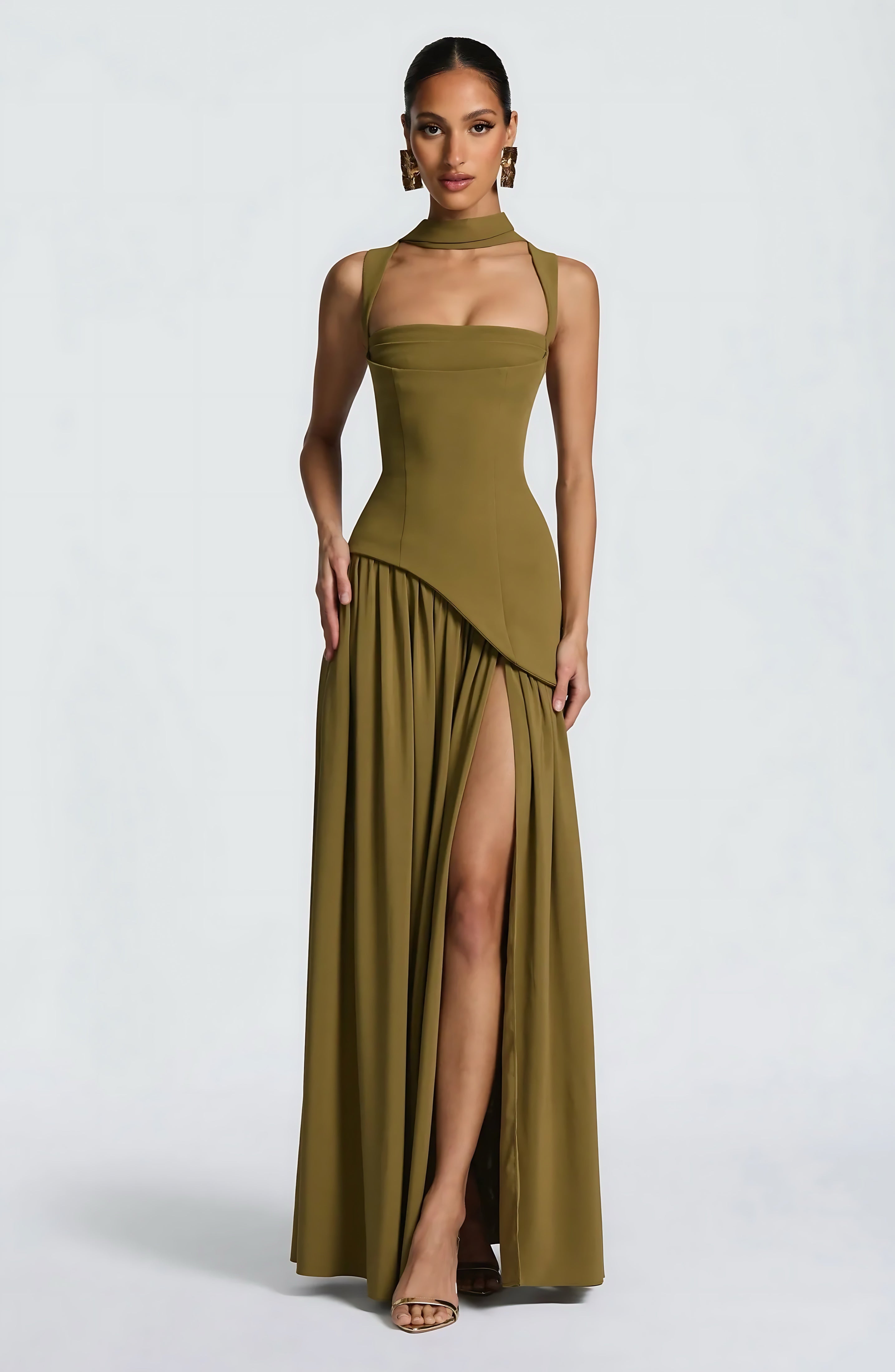 Lena – Square Neck Drop Waist Slit Evening Maxi Dress