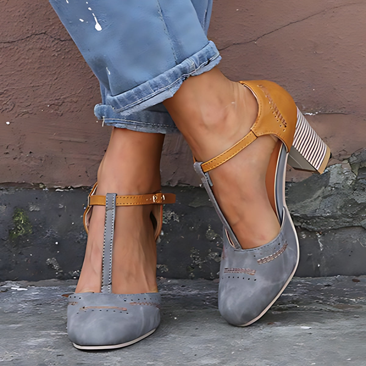 Lena – Two Tone Mary Jane Block Heel Pumps