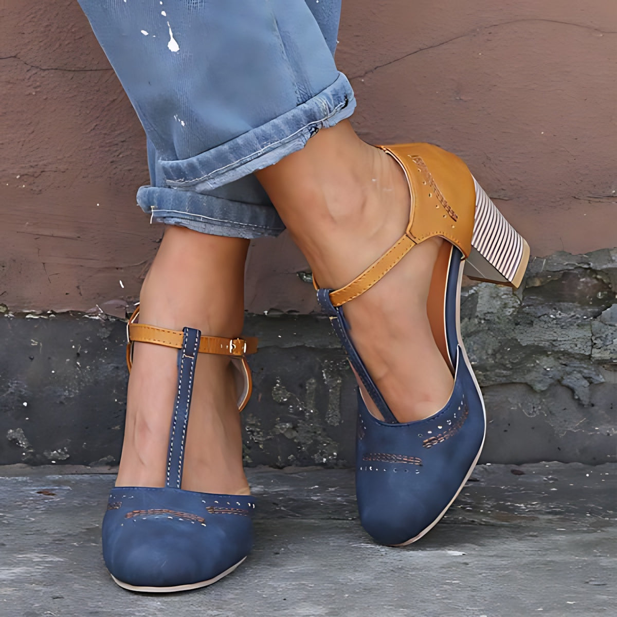 Lena – Two Tone Mary Jane Block Heel Pumps