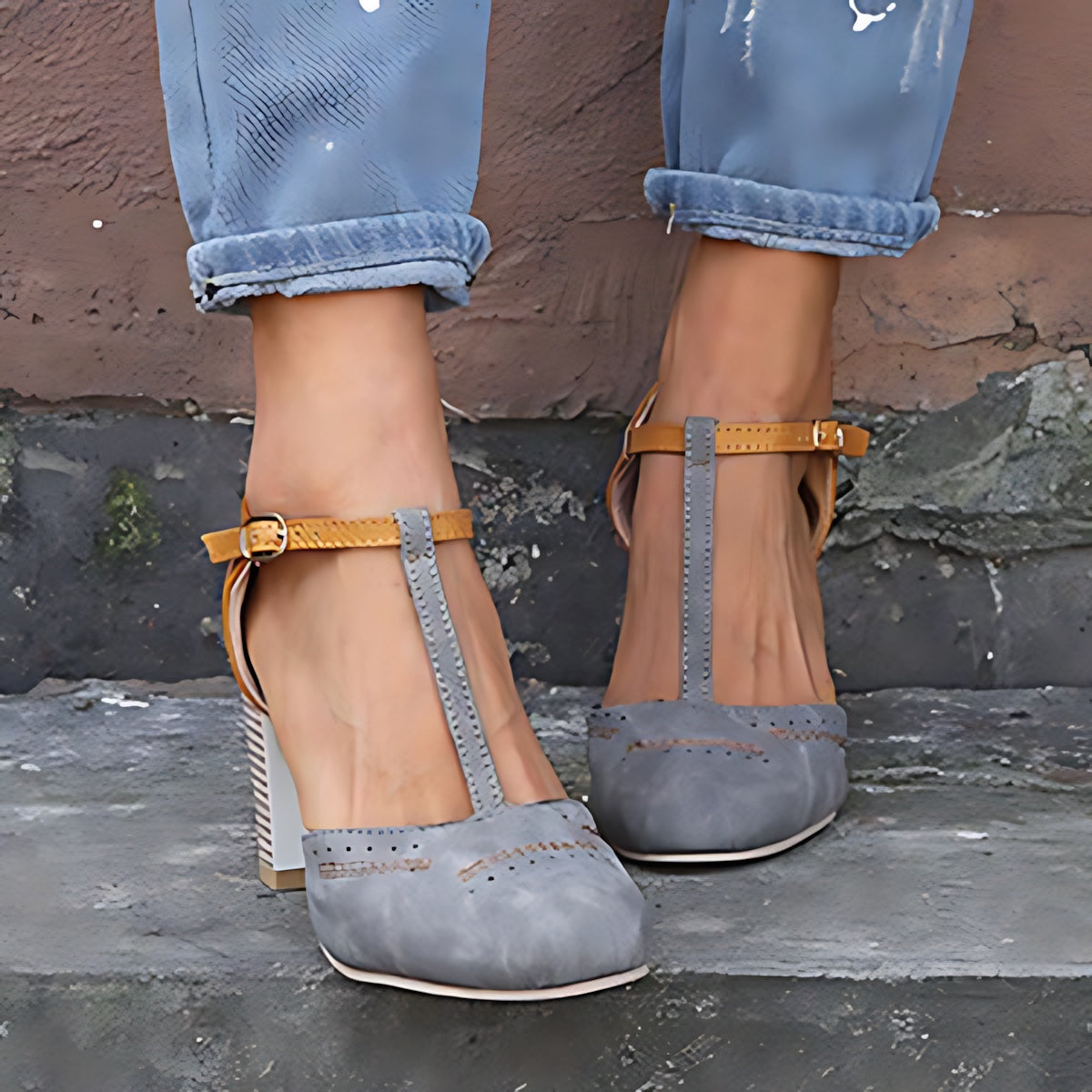Lena – Two Tone Mary Jane Block Heel Pumps