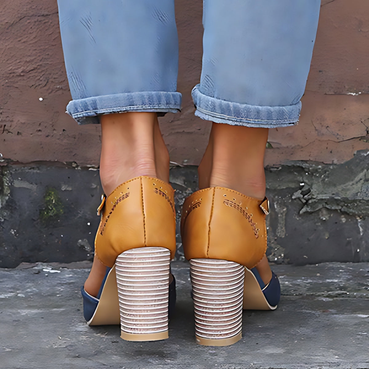Lena – Two Tone Mary Jane Block Heel Pumps
