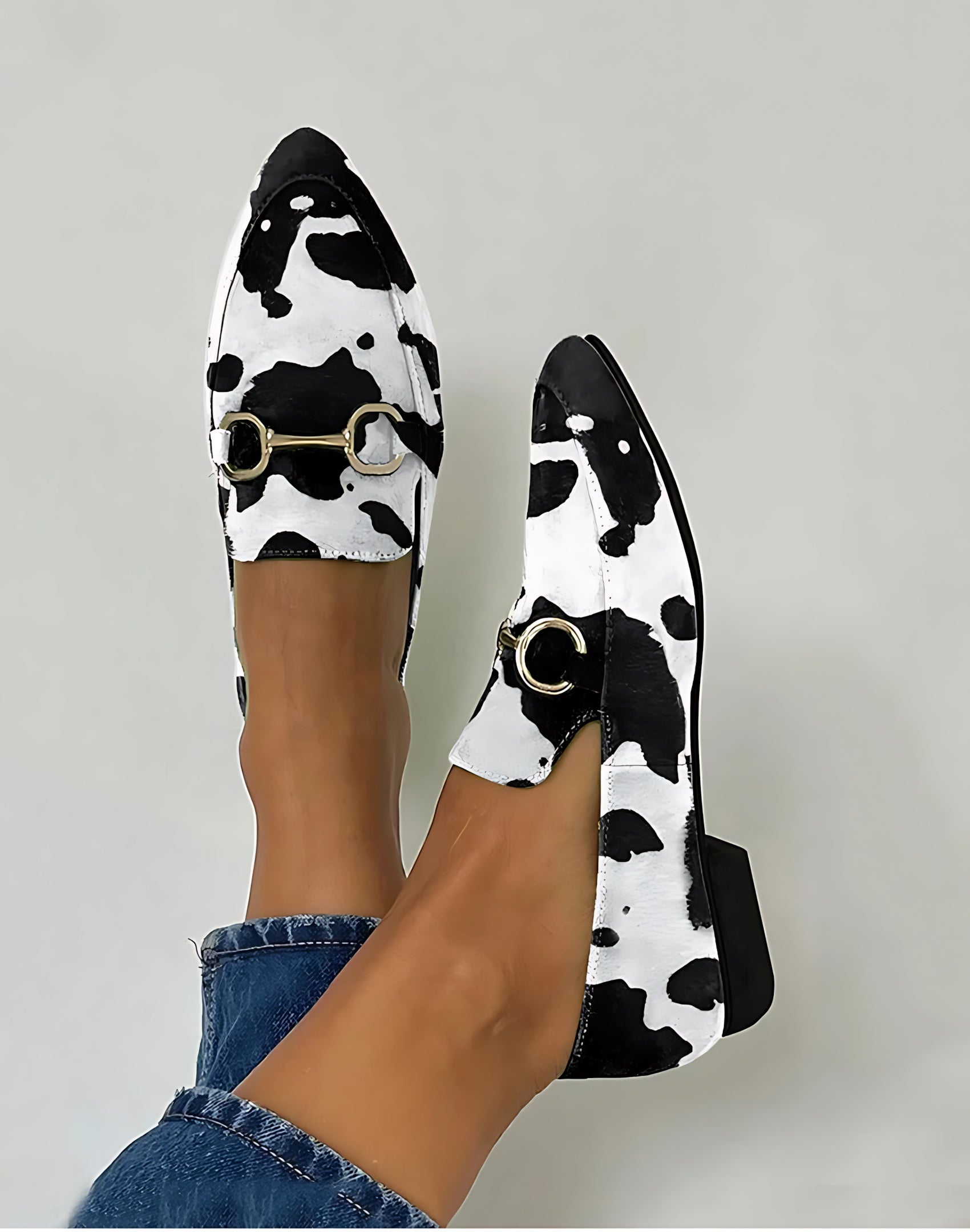 Lia – Cow Print Block Heel Loafers