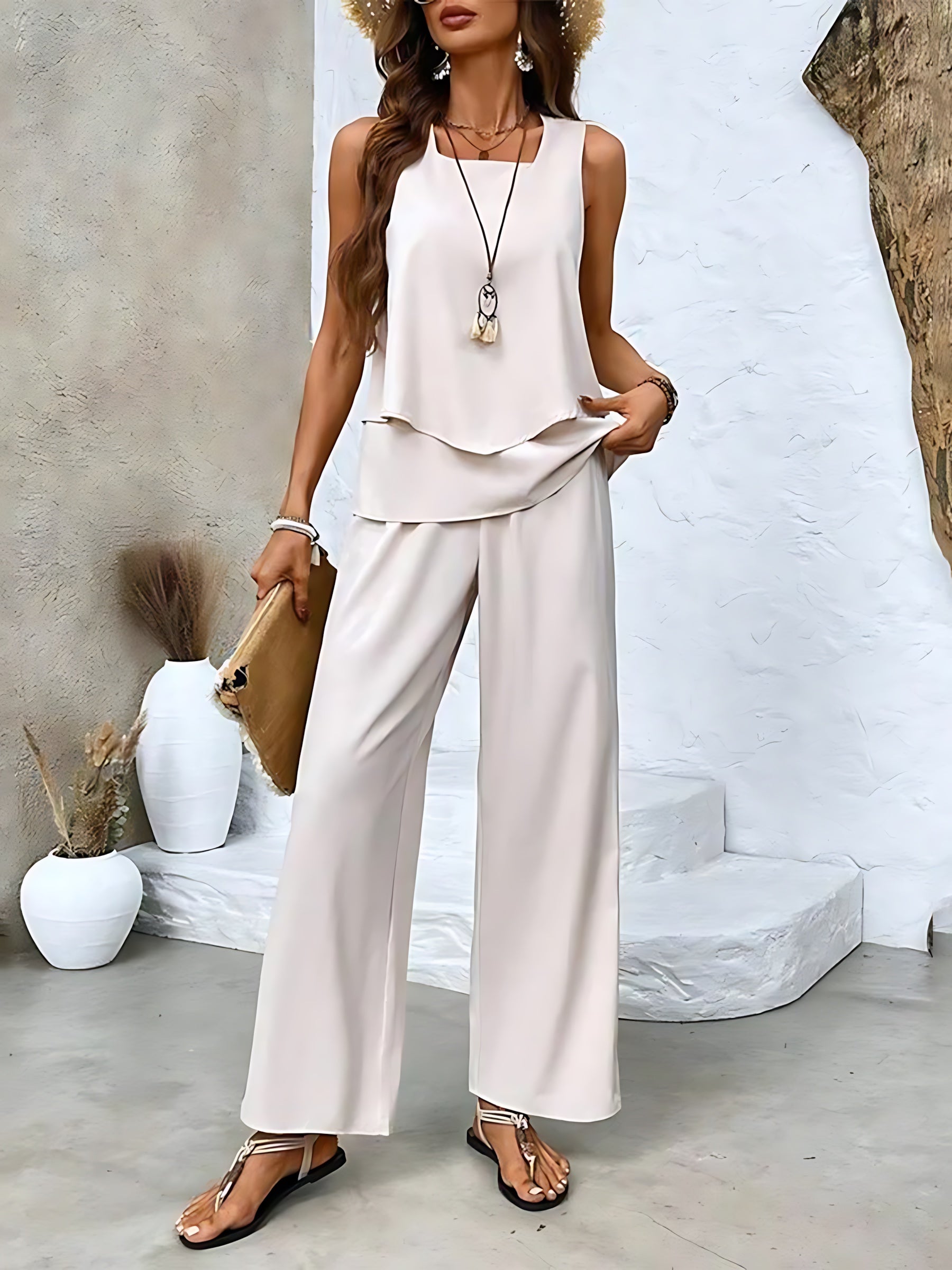 Lia – Layered Tank Top and Leaf Print Wide Leg Pants Set