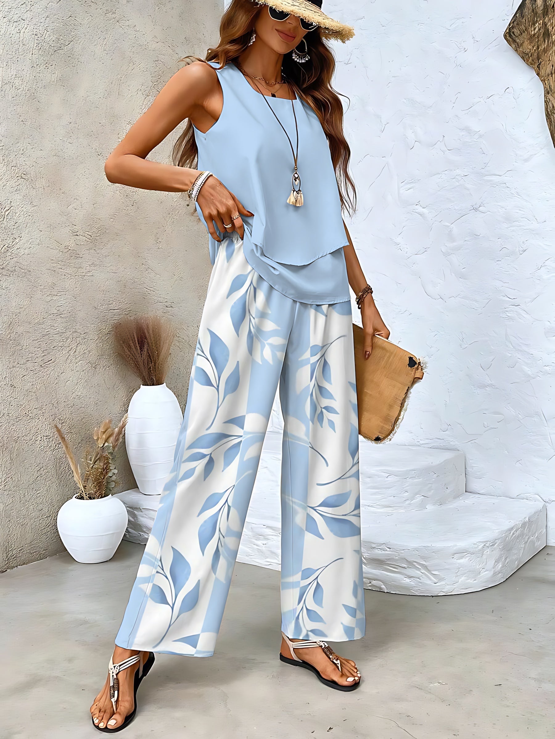 Lia – Layered Tank Top and Leaf Print Wide Leg Pants Set
