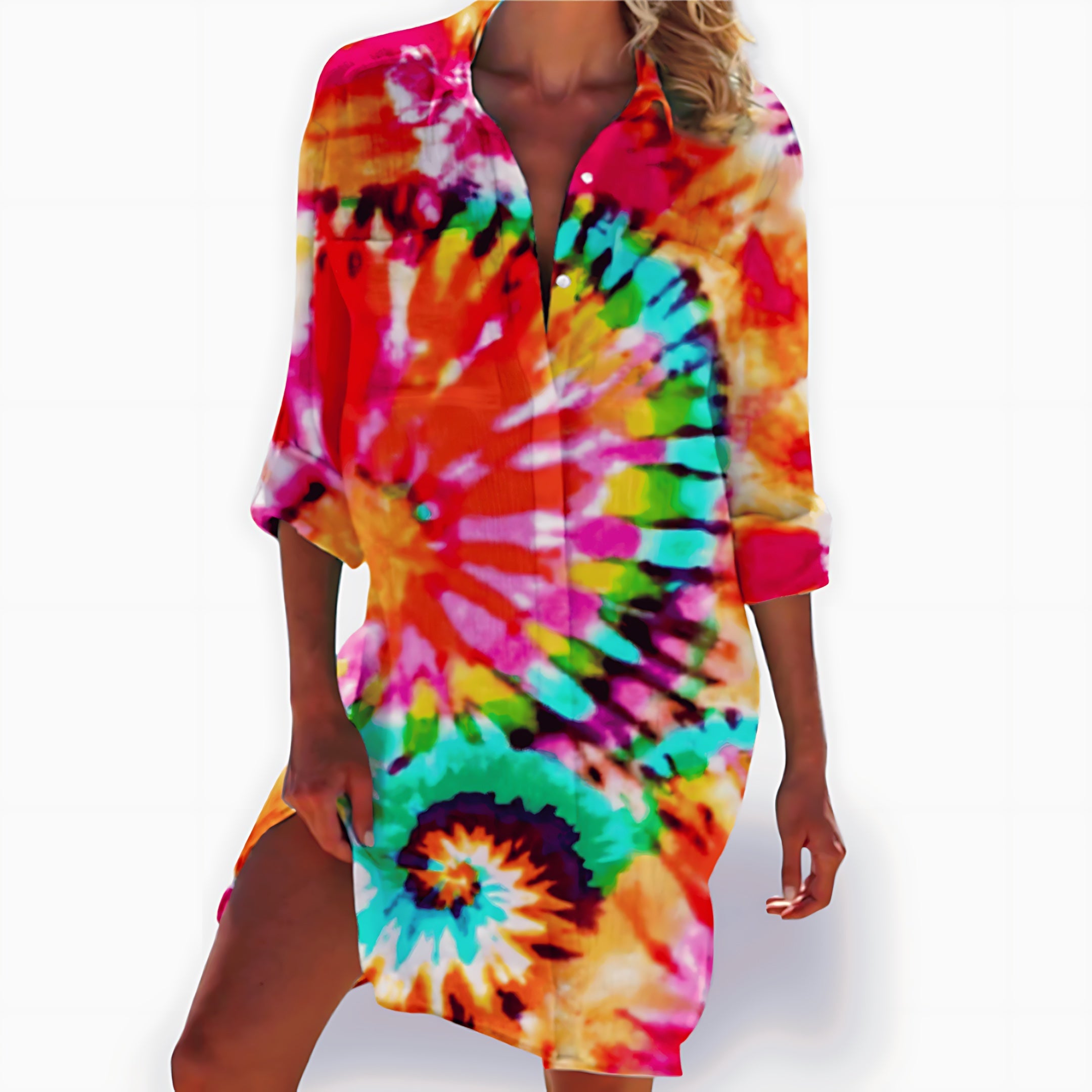 Lia – Tie Dye 3/4 Sleeve Tunic Mini Shirt Dress