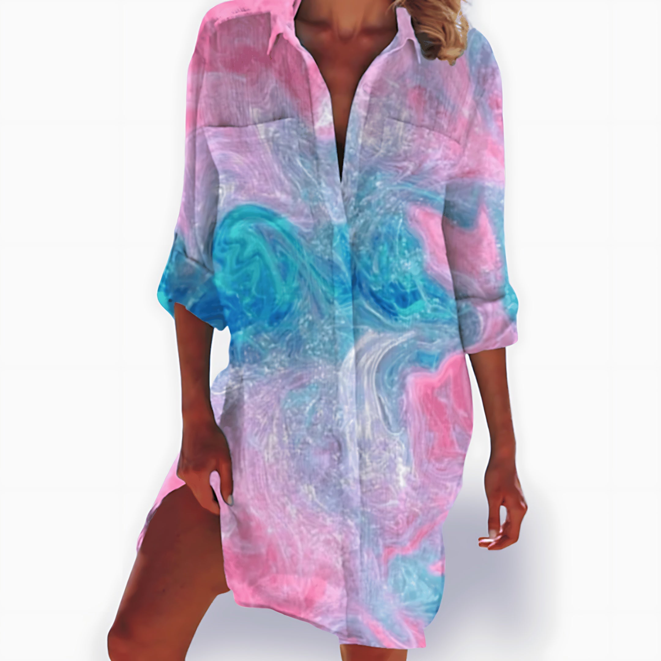Lia – Tie Dye 3/4 Sleeve Tunic Mini Shirt Dress