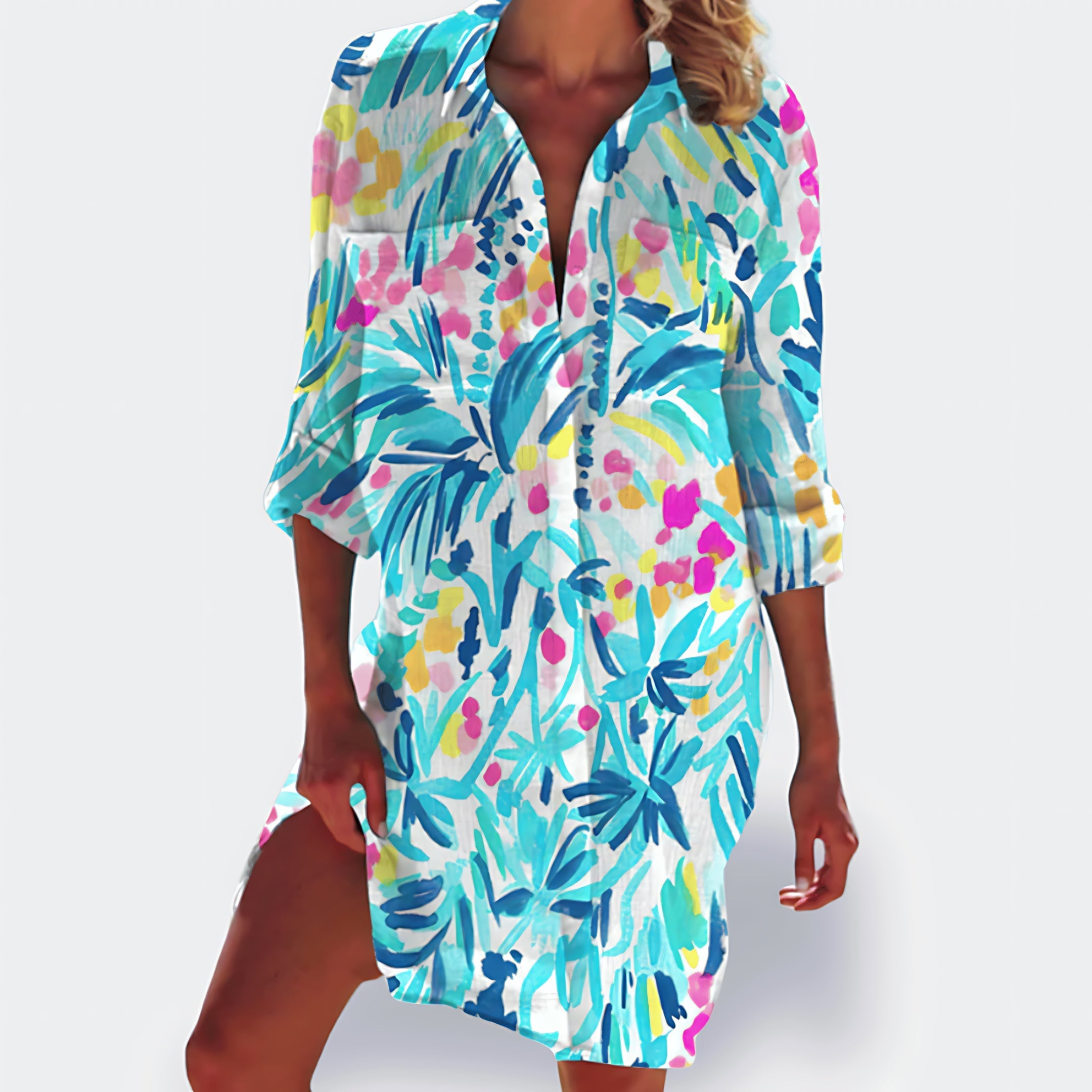 Lia – Tie Dye 3/4 Sleeve Tunic Mini Shirt Dress