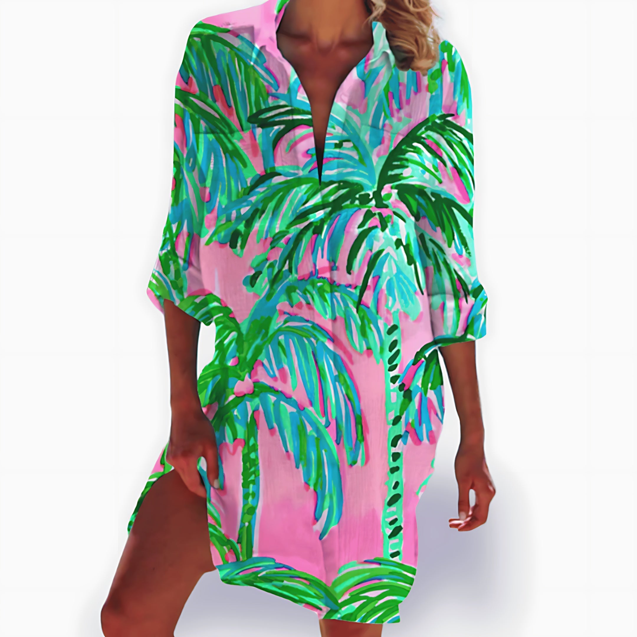 Lia – Tie Dye 3/4 Sleeve Tunic Mini Shirt Dress