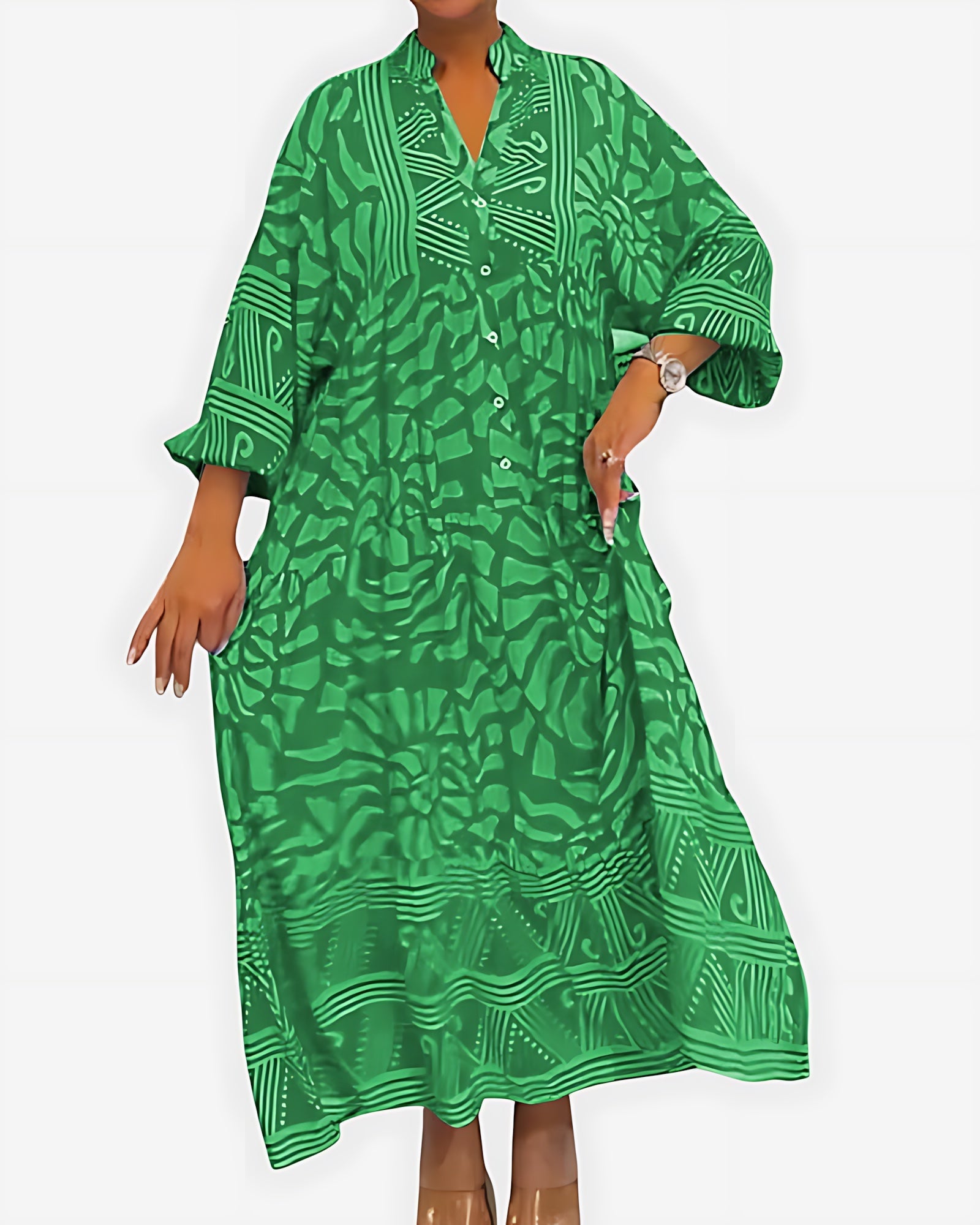 Lilah – Abstract Print V Neck Boho Midi Dress