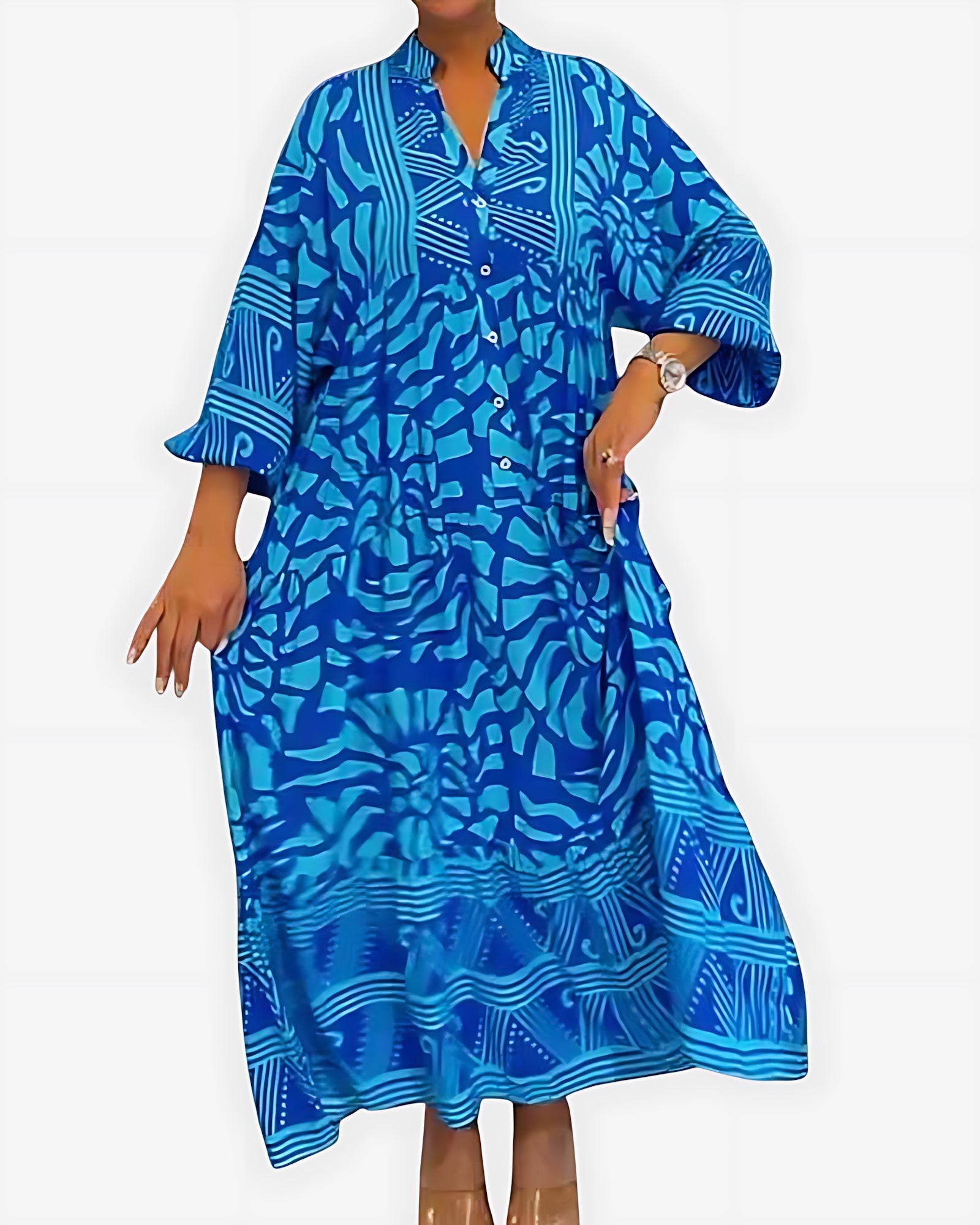 Lilah – Abstract Print V Neck Boho Midi Dress