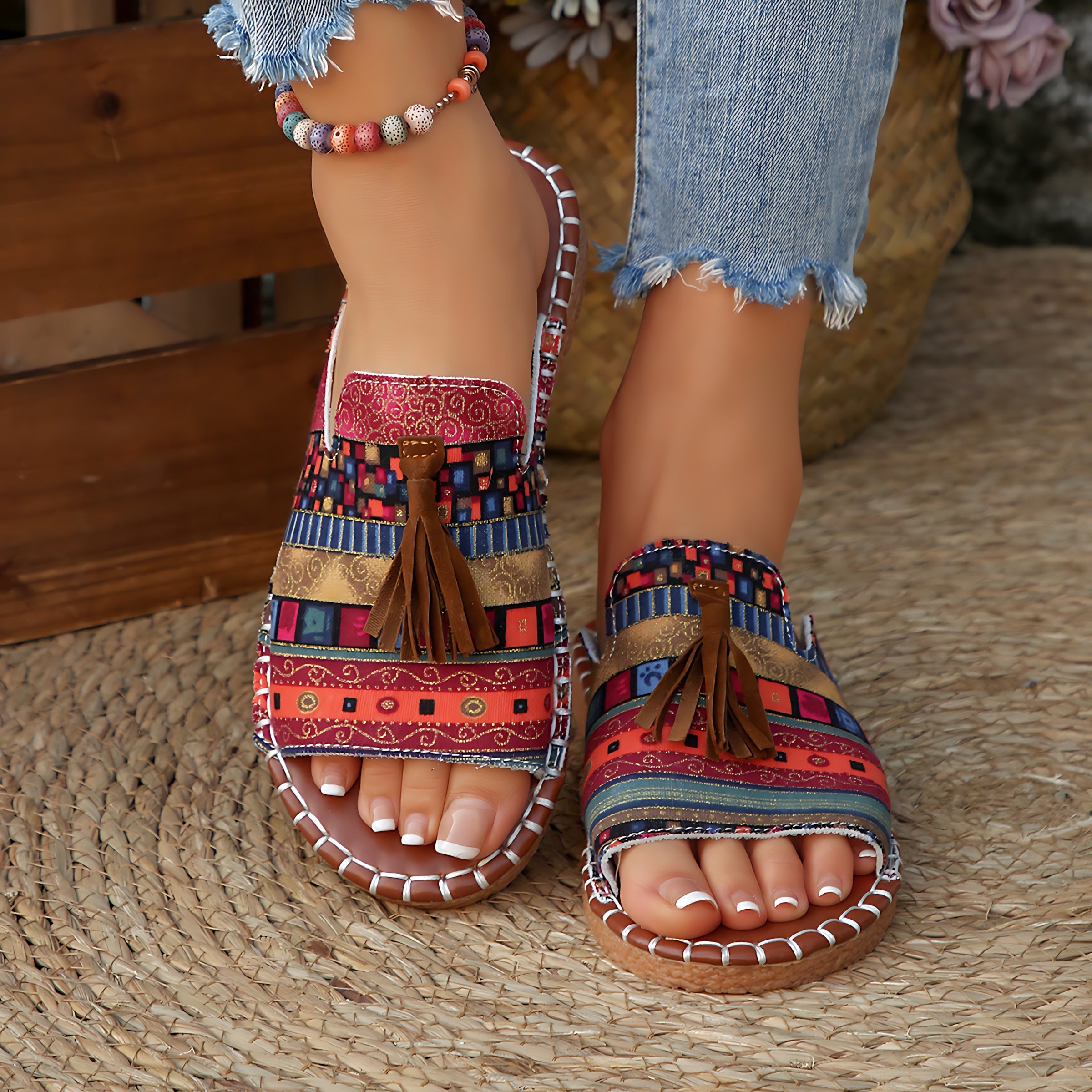 Liliana – Boho Print Tassel Slide Sandals