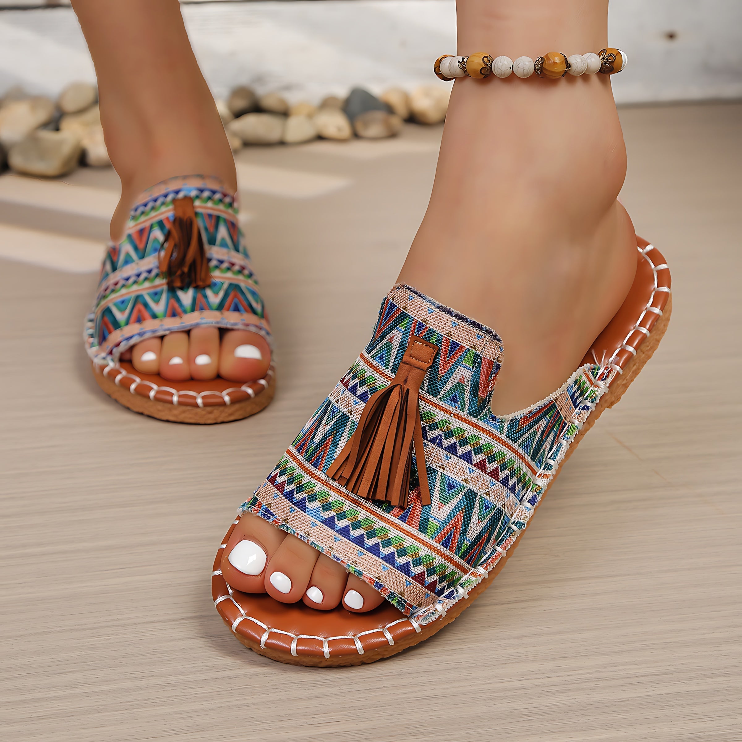 Liliana – Boho Print Tassel Slide Sandals