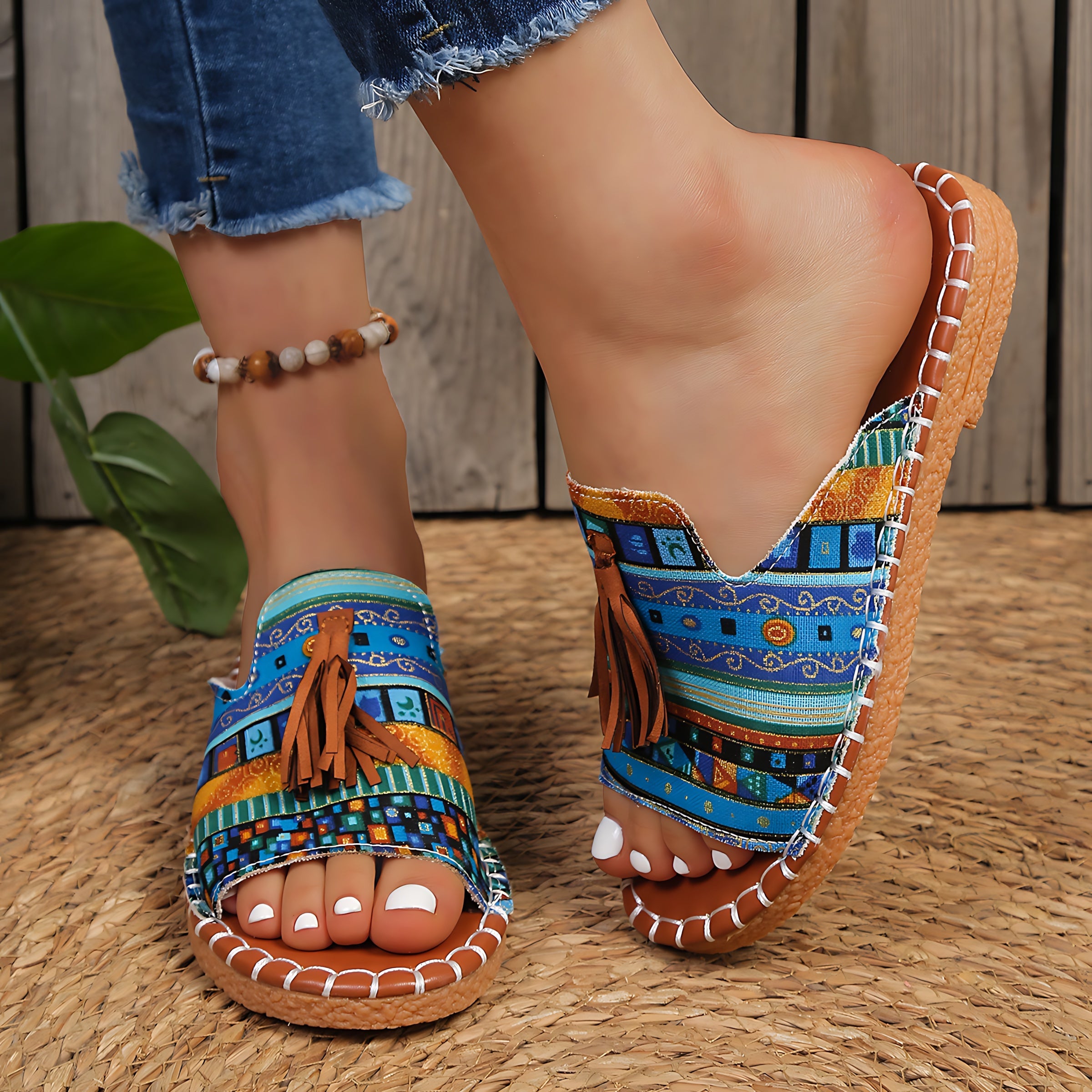 Liliana – Boho Print Tassel Slide Sandals