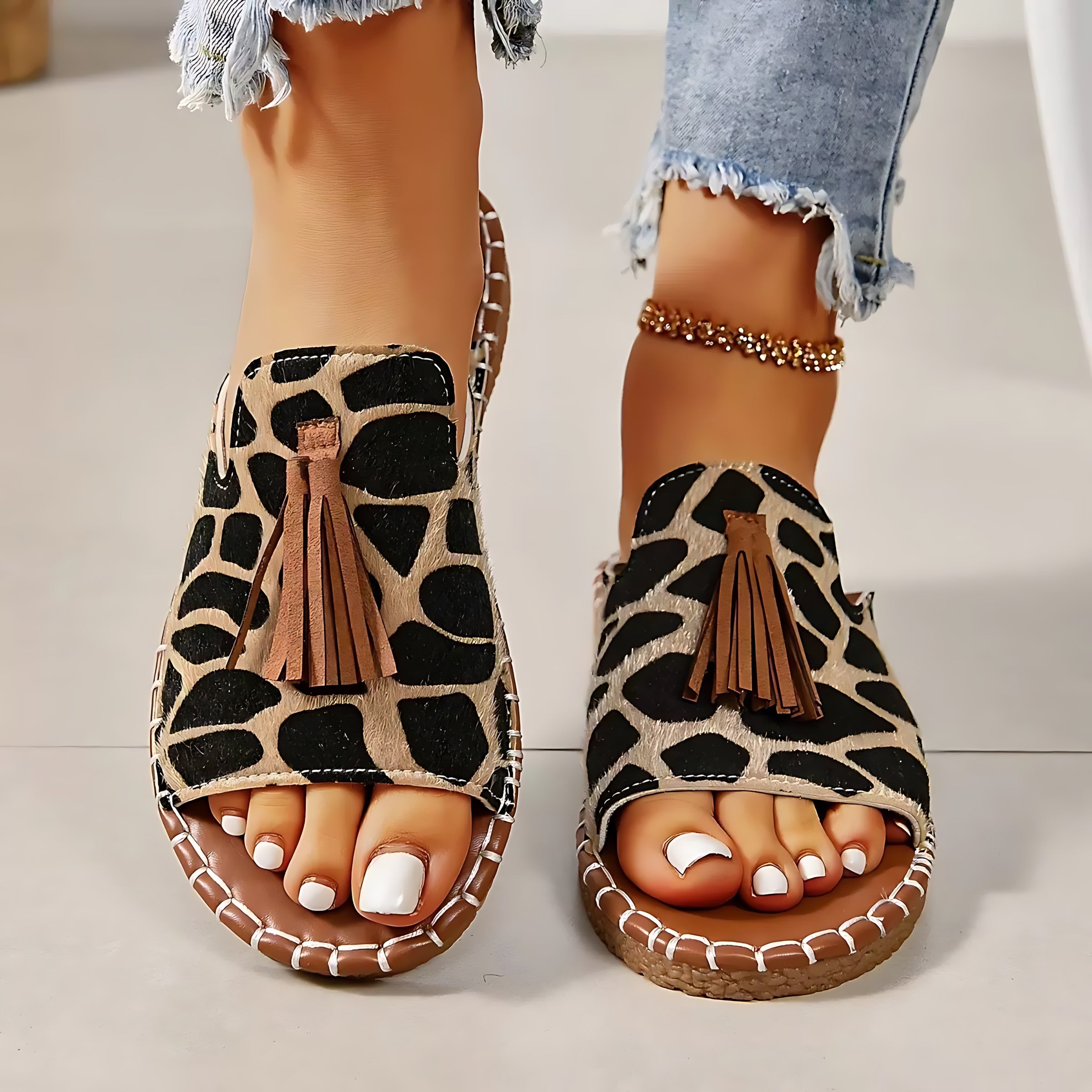 Liliana – Boho Print Tassel Slide Sandals