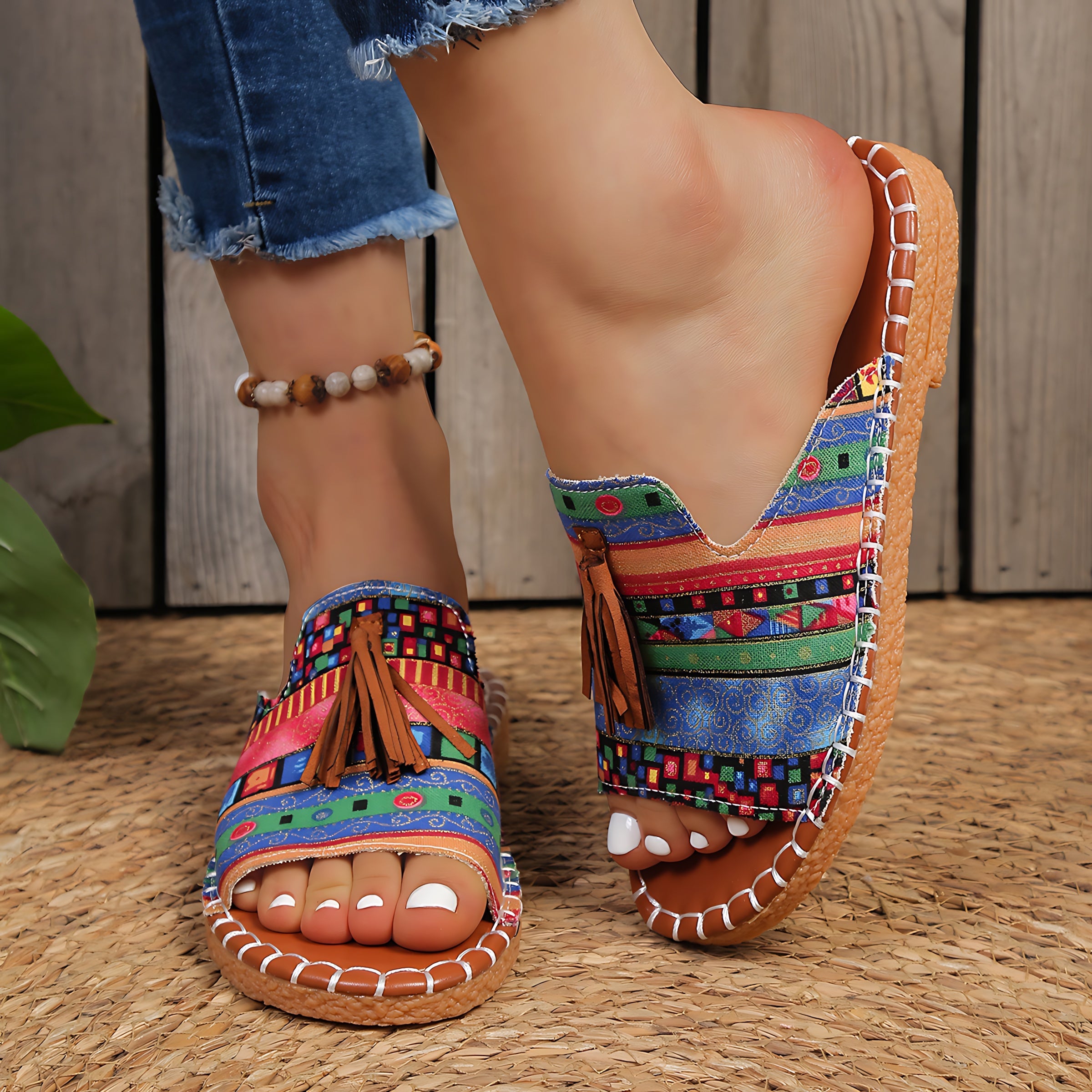 Liliana – Boho Print Tassel Slide Sandals