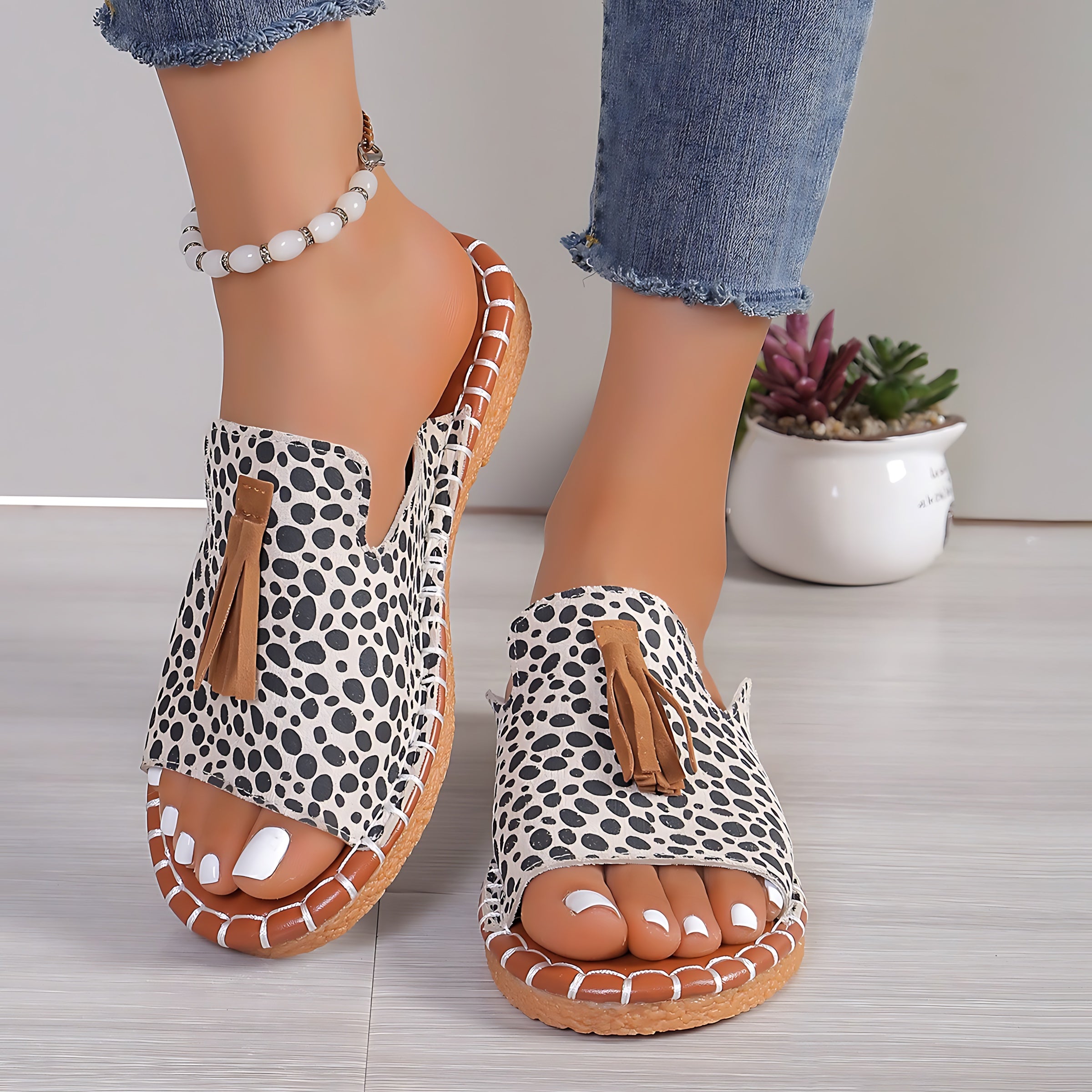 Liliana – Boho Print Tassel Slide Sandals