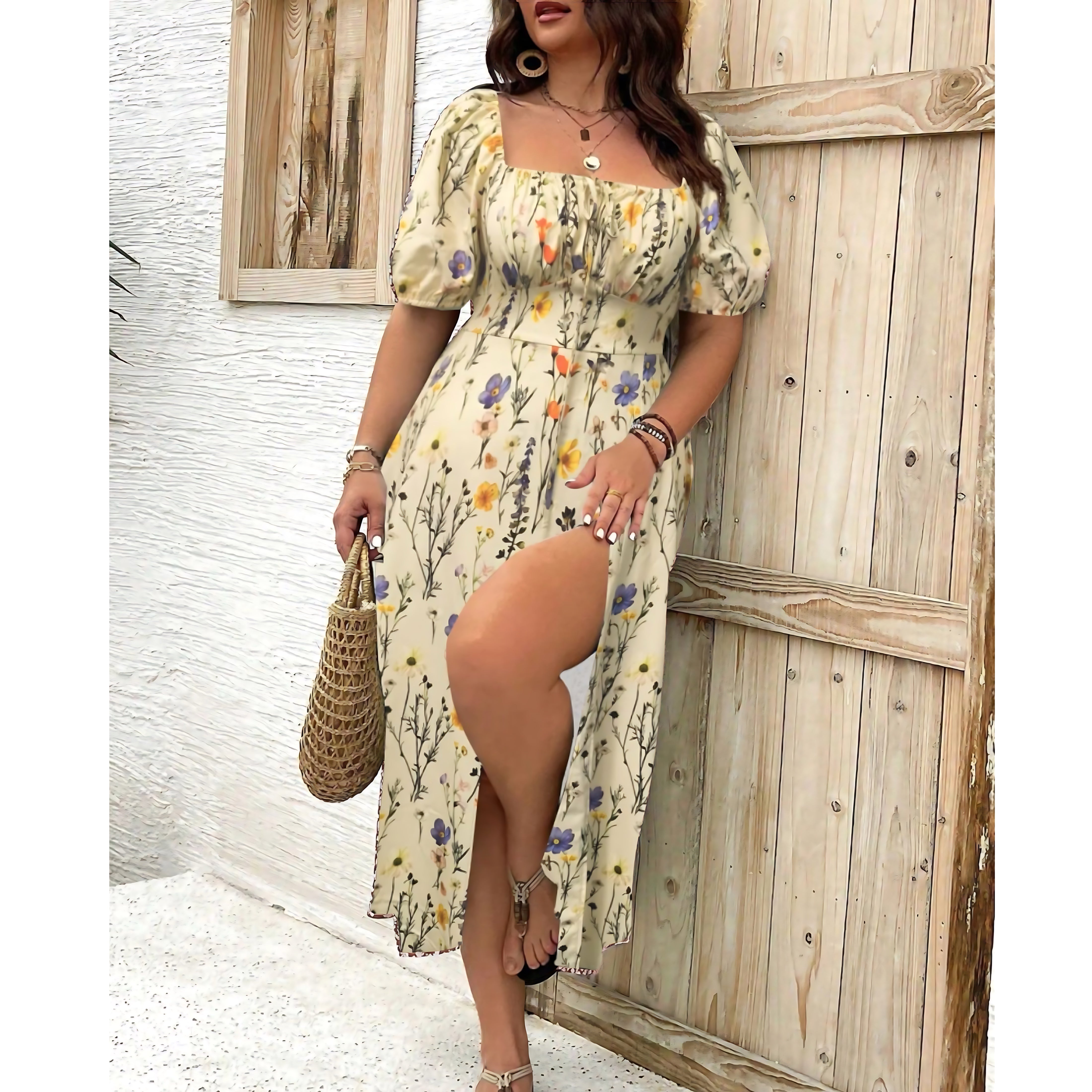 Liliana – Ditsy Floral Square Neck Puff Sleeve Midi Dress