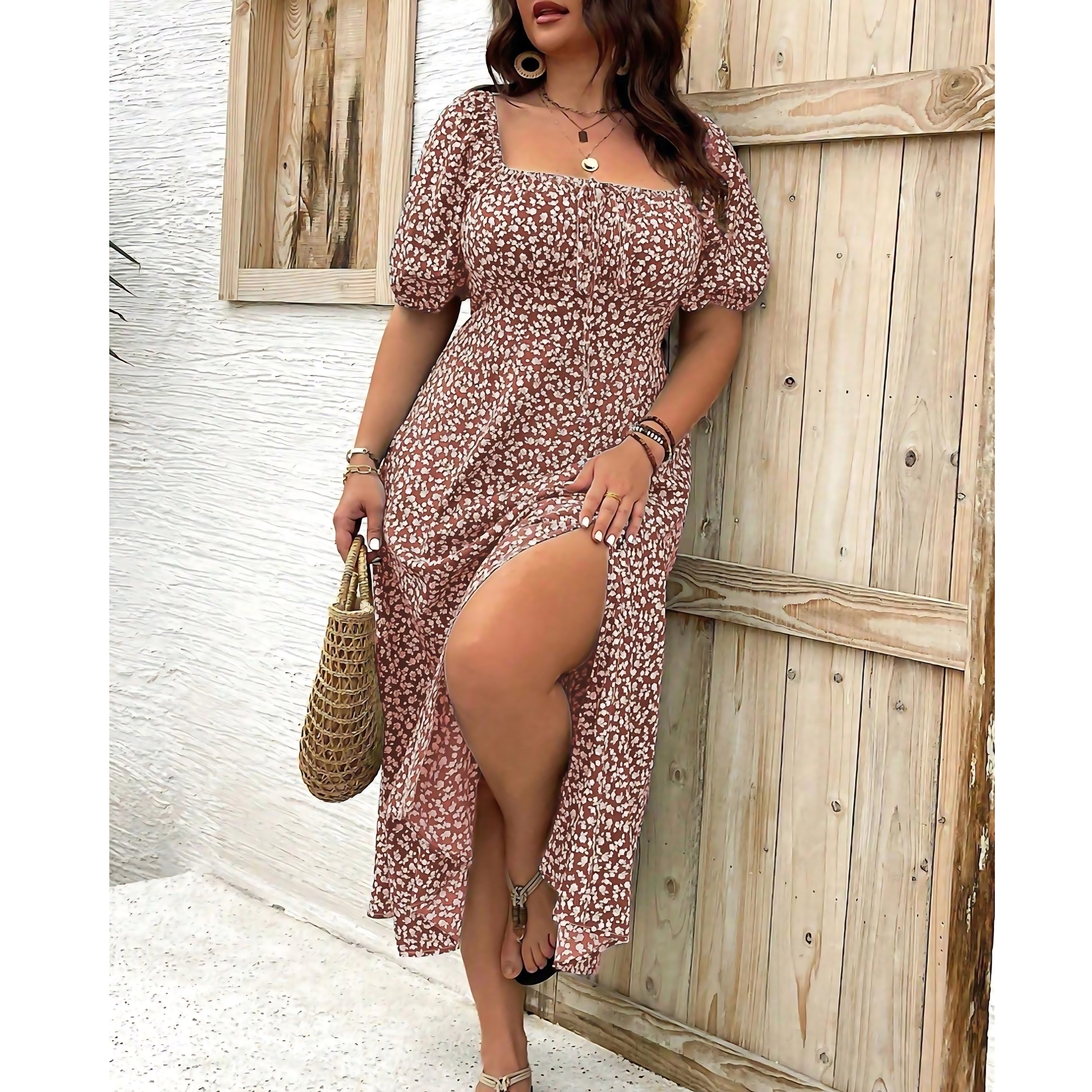 Liliana – Ditsy Floral Square Neck Puff Sleeve Midi Dress