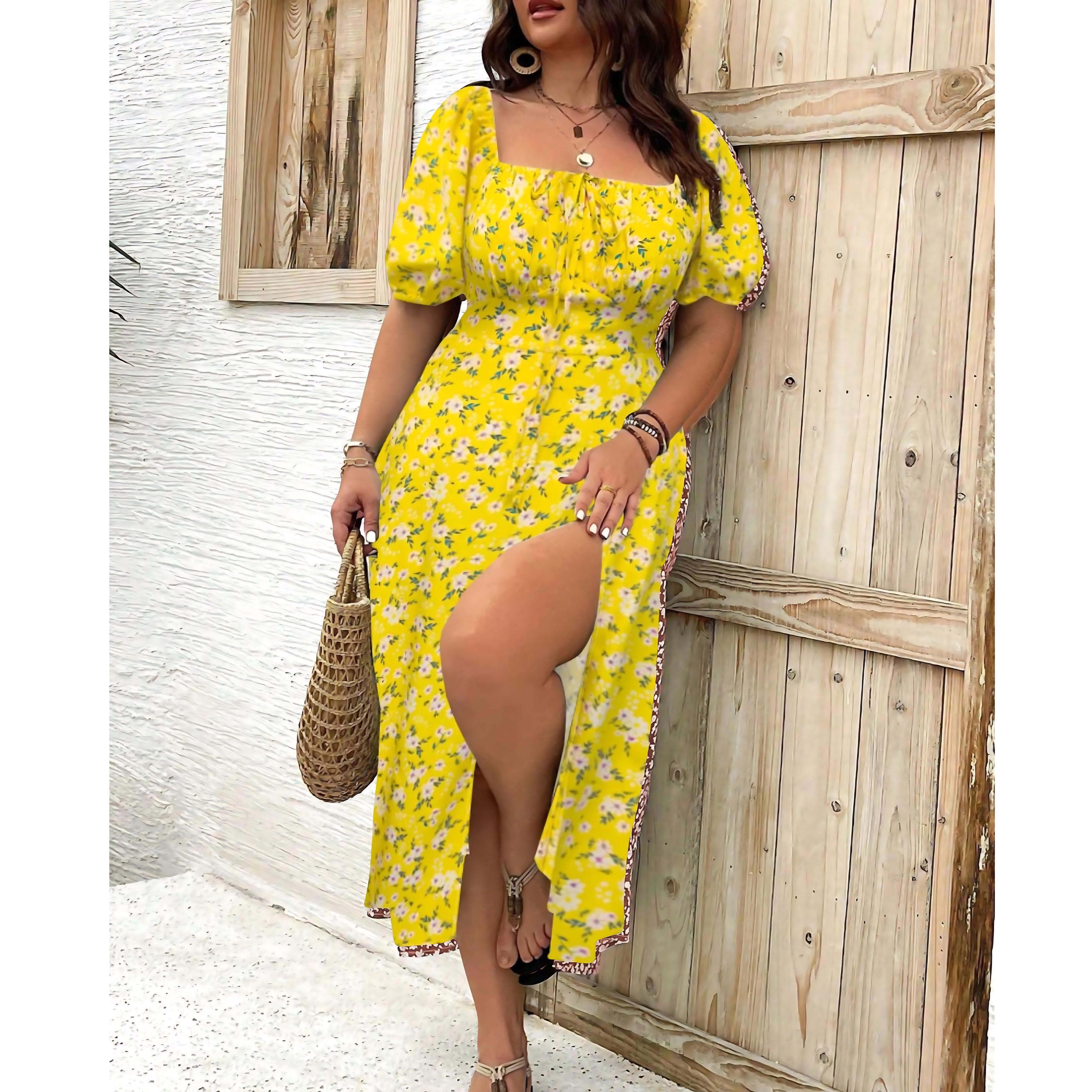 Liliana – Ditsy Floral Square Neck Puff Sleeve Midi Dress