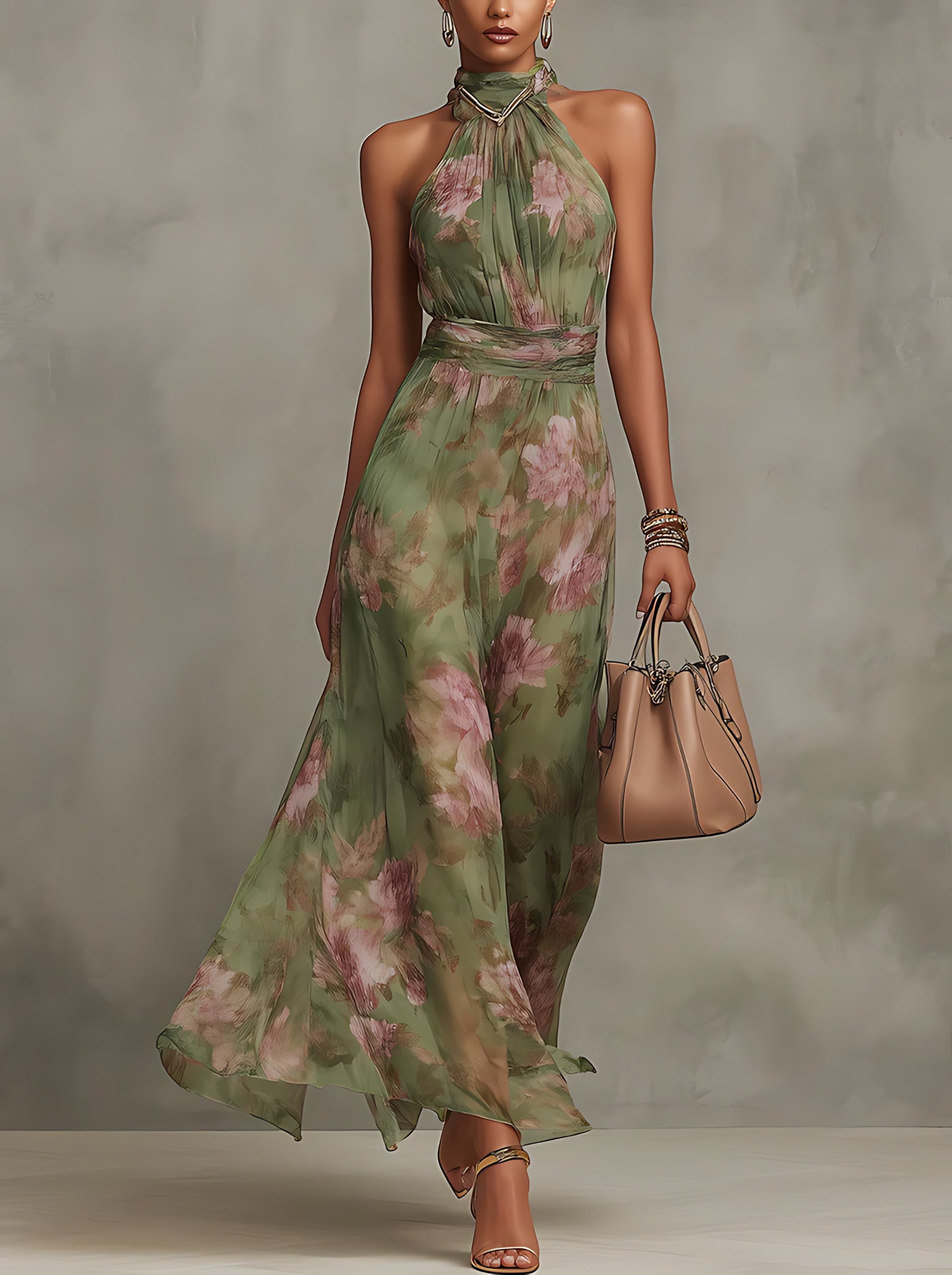 Lillian – Floral Print Halter Neck Wedding Guest Maxi Dress